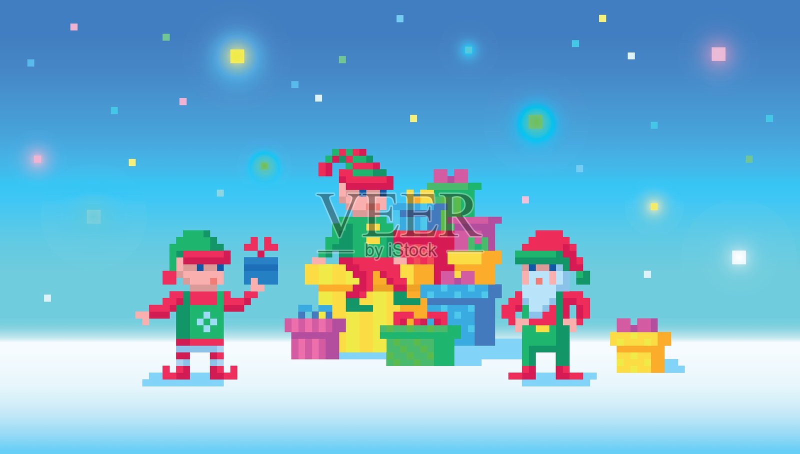 像素艺术8位向量圣诞场景，精灵们在雪地背景下准备节日礼物，复古游戏风格插画图片素材