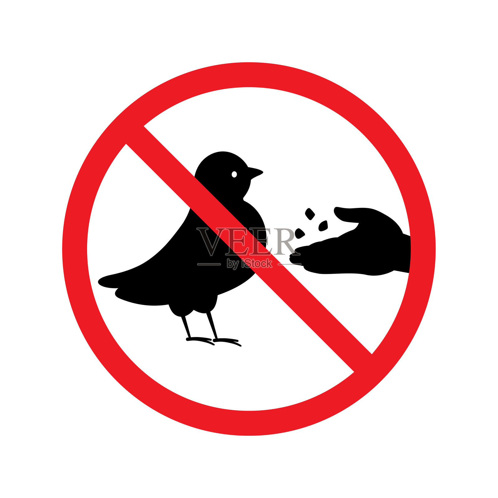 禁止喂鸟标志。警告标志矢量符号。红色禁止圆圈，黑色鸟类，手部图标。用于自然保护、公园规则、城市区域。插画图片素材