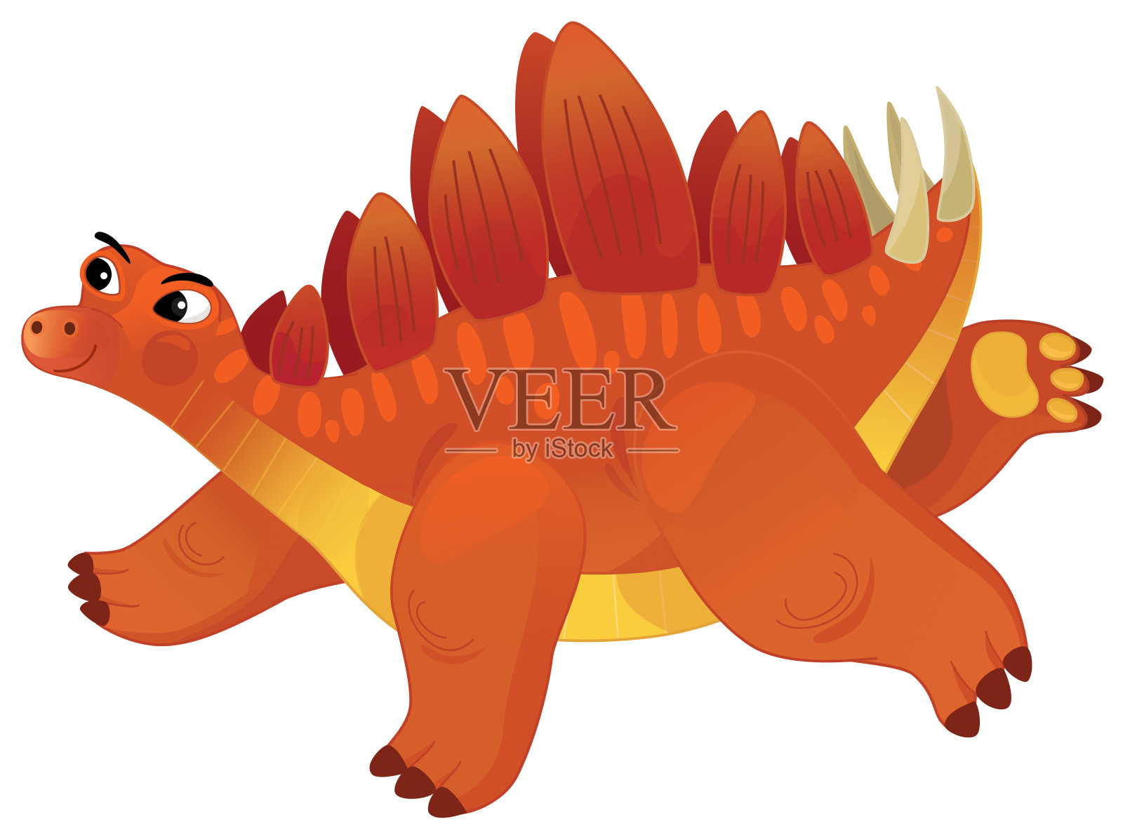 快乐的史前动物剑龙在白色背景上微笑奔跑的卡通场景，适合儿童插图插画图片素材