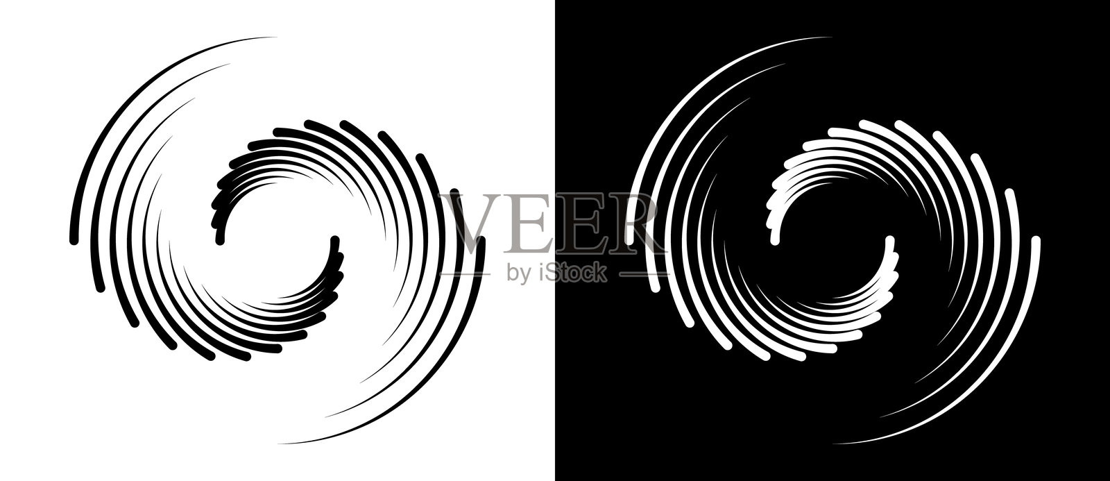 抽象背景中的圆形线条。艺术设计的螺旋作为标志或图标。黑色图形在白色背景上，白色图形在黑色背景上。插画图片素材