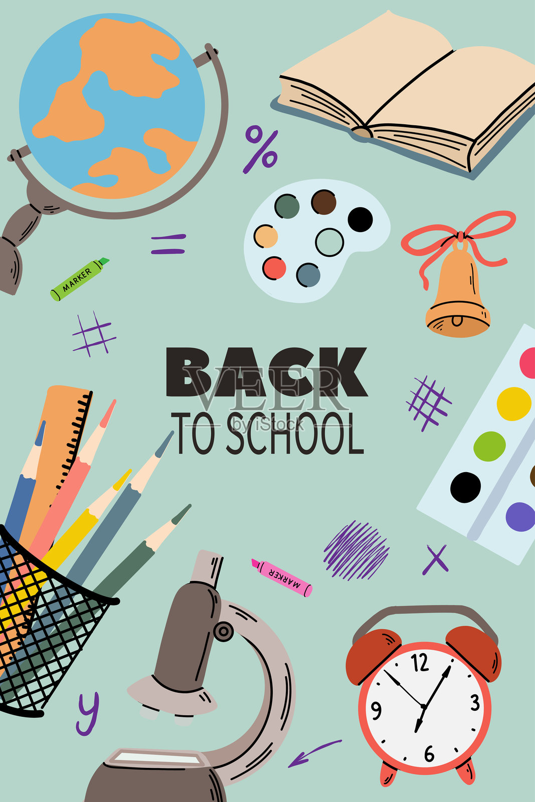 手绘文具的竖版海报插画图片素材