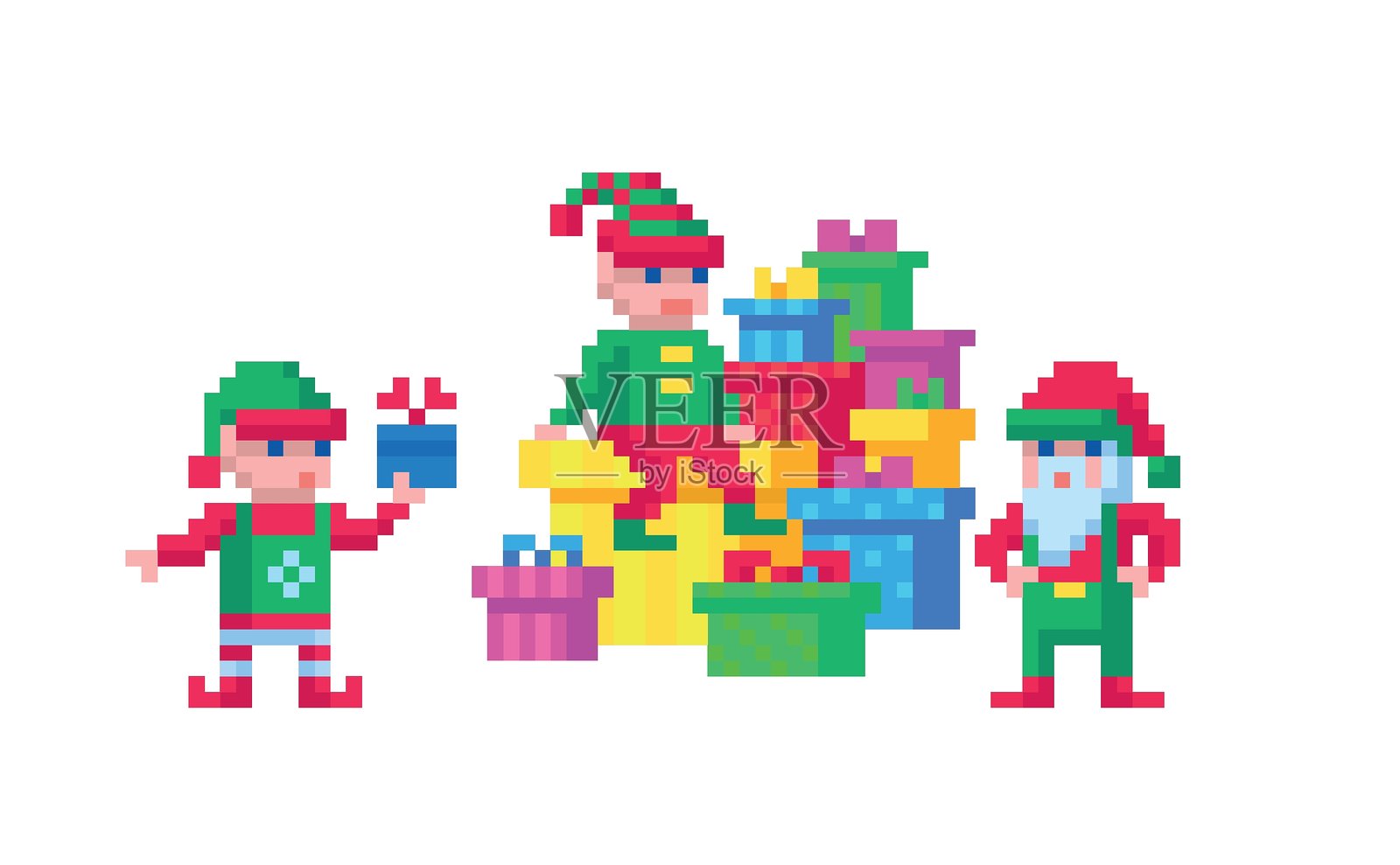 像素艺术8位矢量圣诞精灵在白色背景上准备礼物插画图片素材