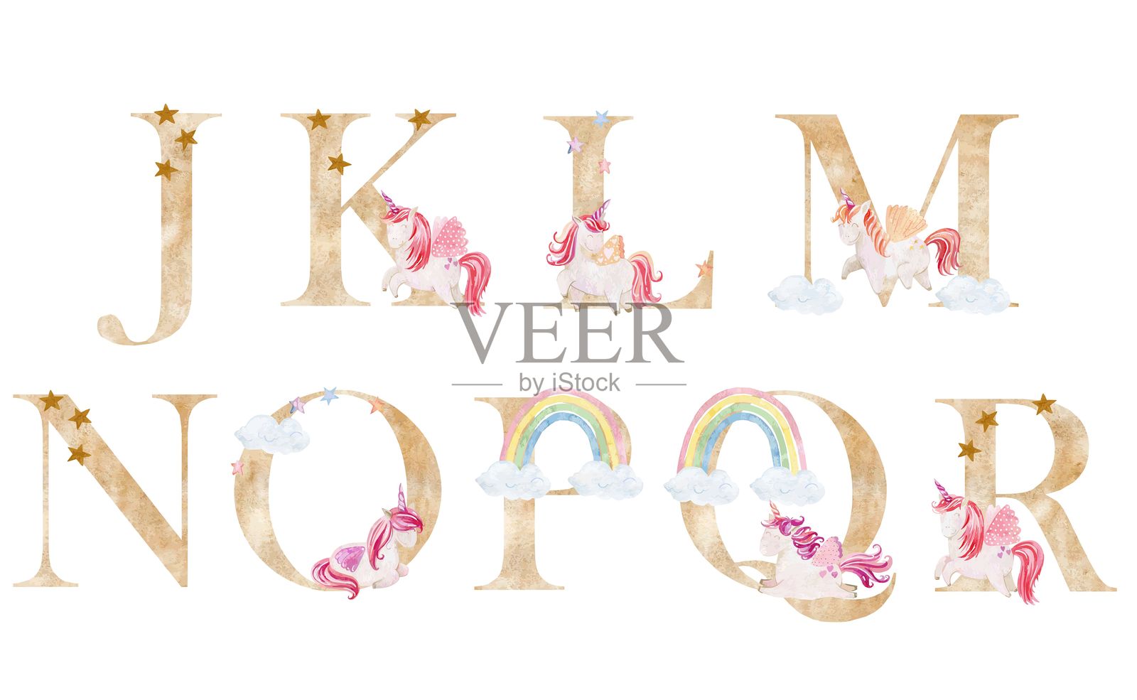 水彩独角兽字母。插画图片素材