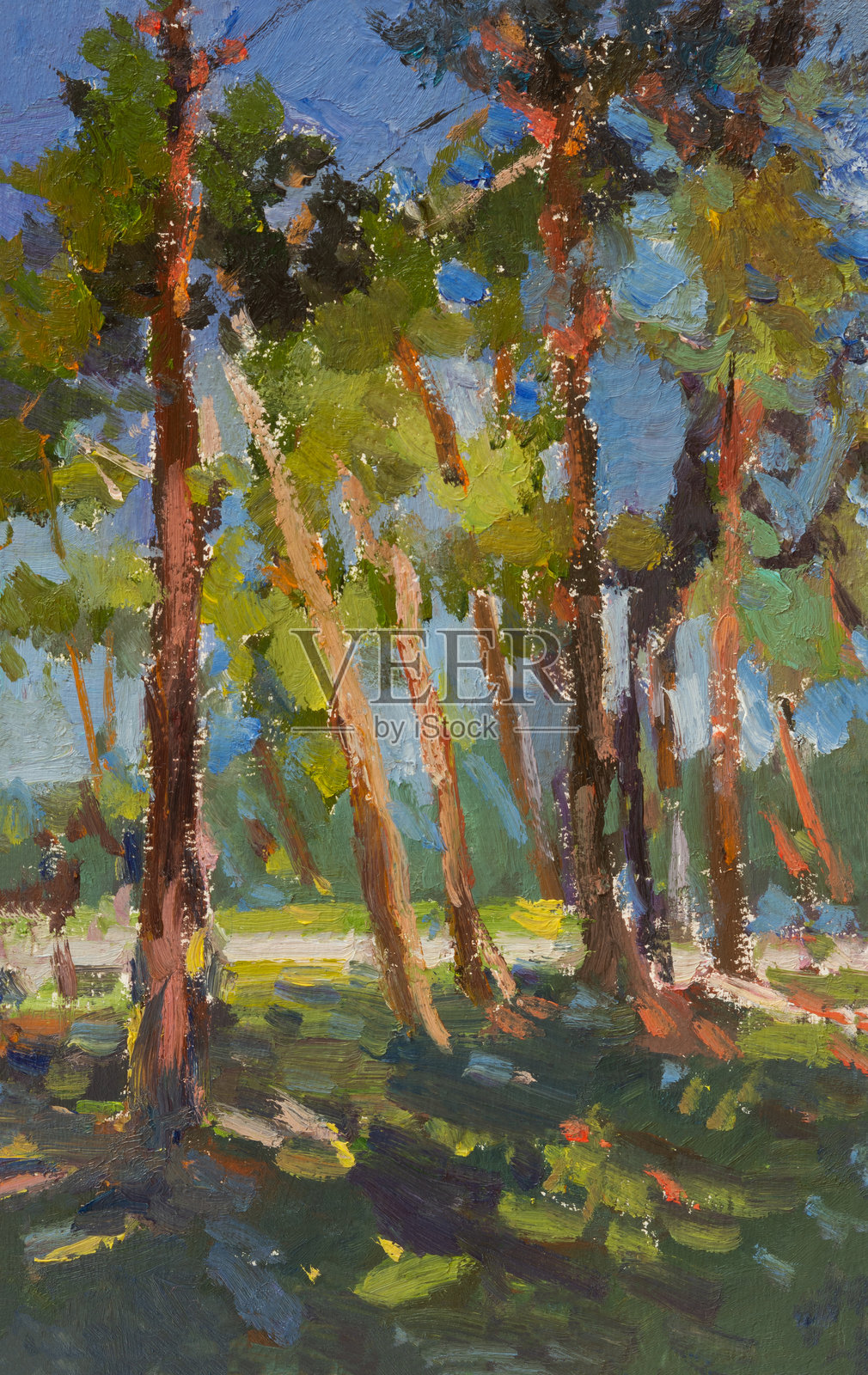 绿色松林油画。插画图片素材