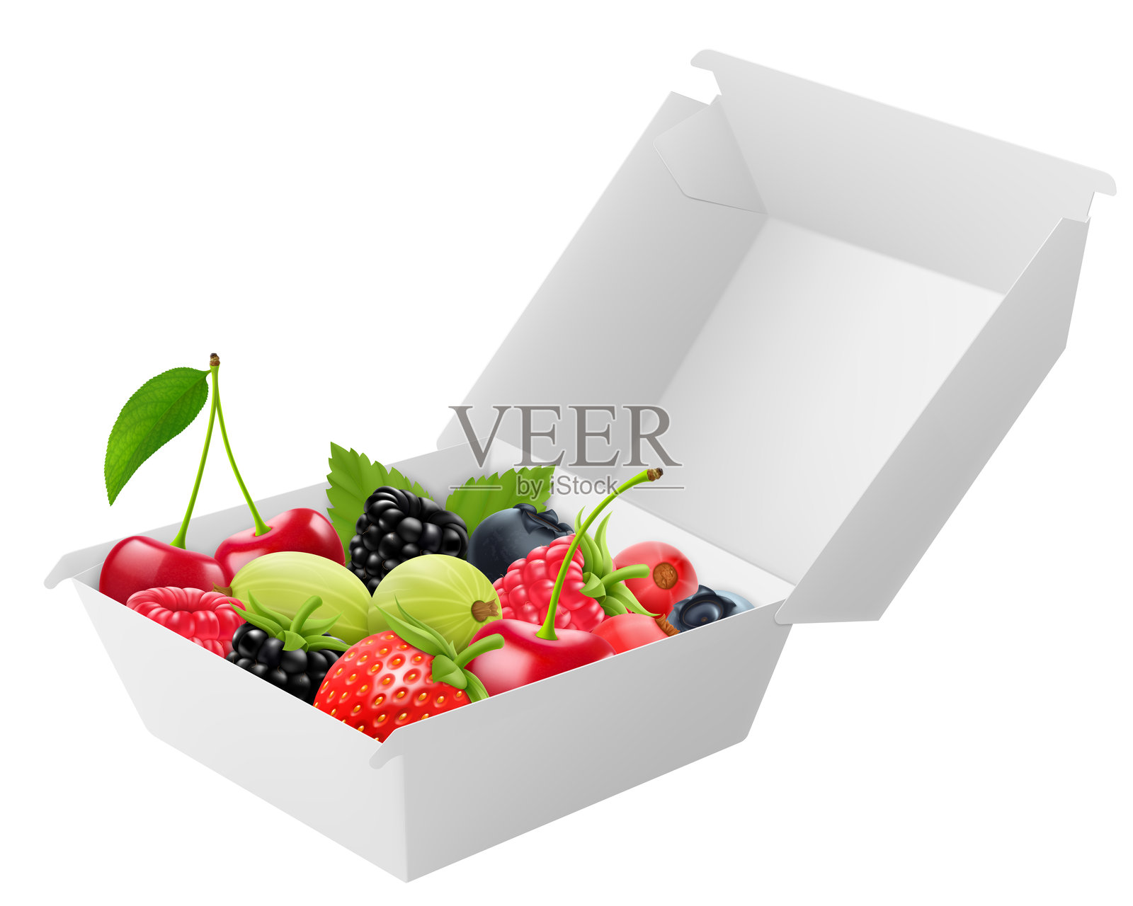 白色食品盒，内含成熟的草莓、蓝莓、樱桃和覆盆子。纸板盒包装模型，逼真的3D矢量插图。插画图片素材