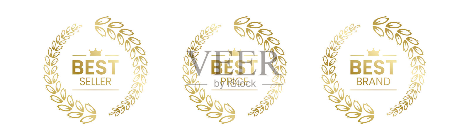 畅销书、最佳价格、最佳品牌的矢量插图。以真实的金色和月桂花环呈现。背景为白色。插画图片素材