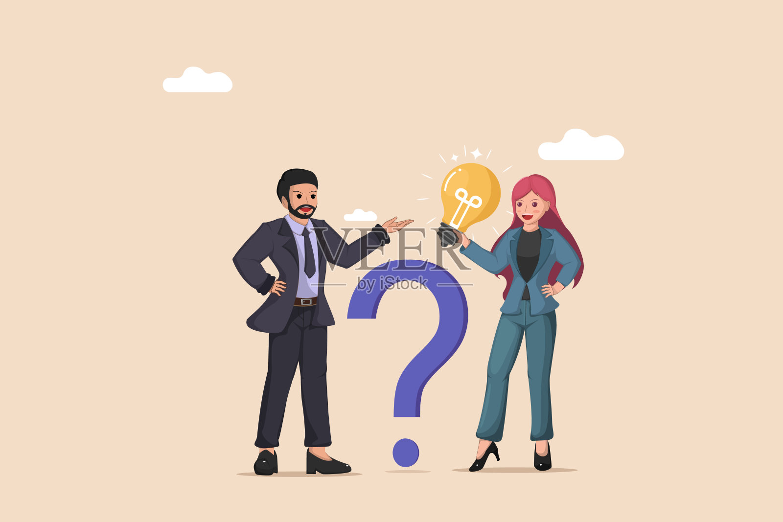 商人怀疑，女性展示创新想法的灯泡插画图片素材