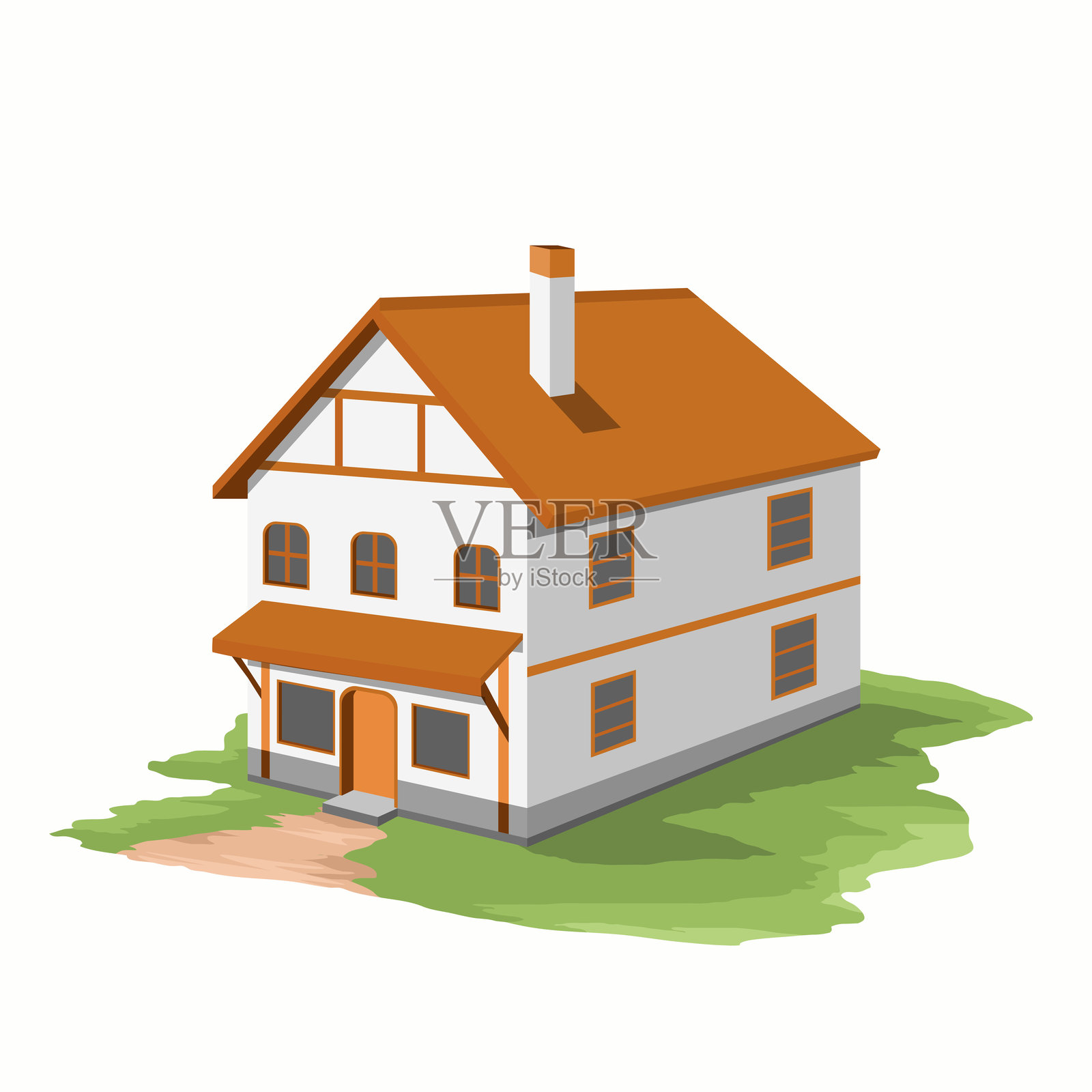 迷人的两层小屋，独特的橙色屋顶和白色墙壁坐落在绿草如茵的草坪上。插画图片素材