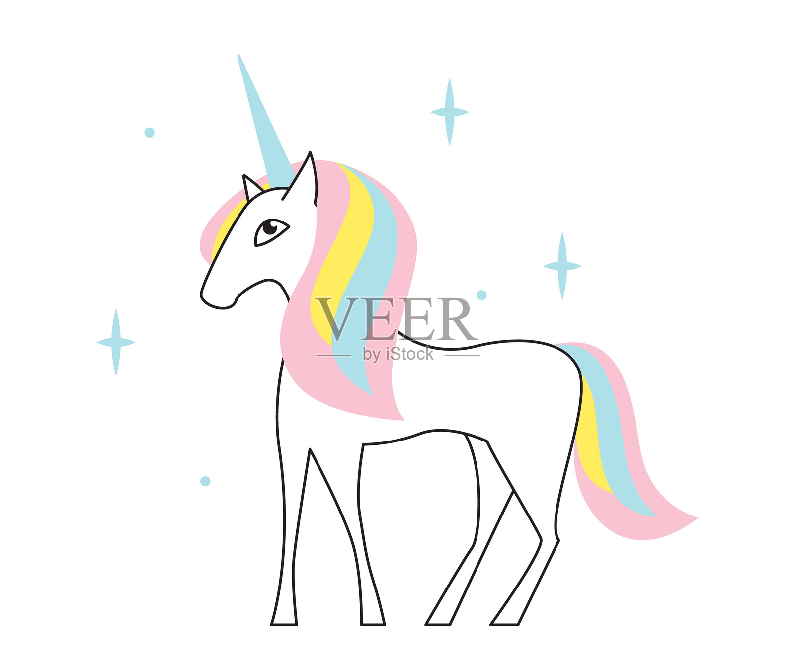 可爱的独角兽矢量插图，拥有柔和的鬃毛和星星。代表幻想、梦想、纯真和想象力。非常适合儿童设计和品牌推广。插画图片素材