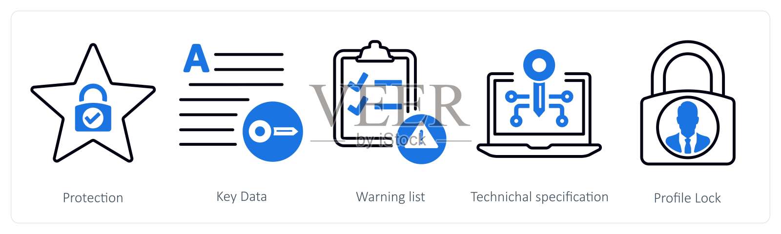 一组包含5个混合图标，代表保护、关键数据和警告列表插画图片素材