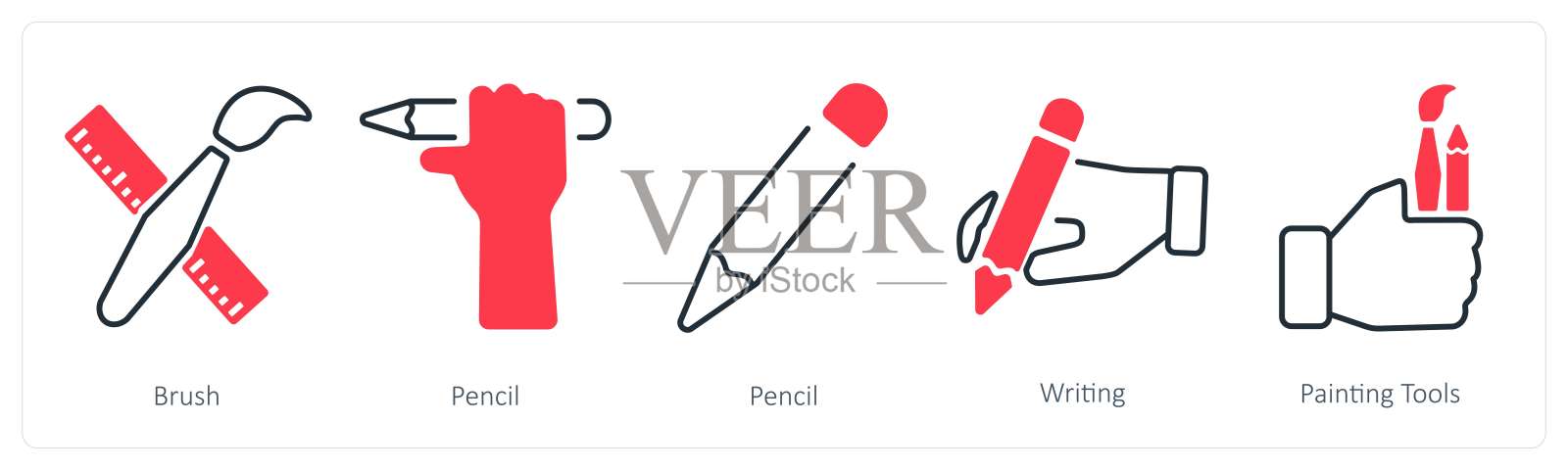 一组包含刷子、铅笔和书写的5个混合图标插画图片素材
