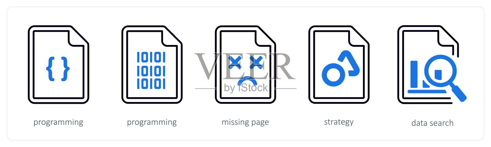 一组包含编程、缺失页面和策略的5个混合图标插画图片素材