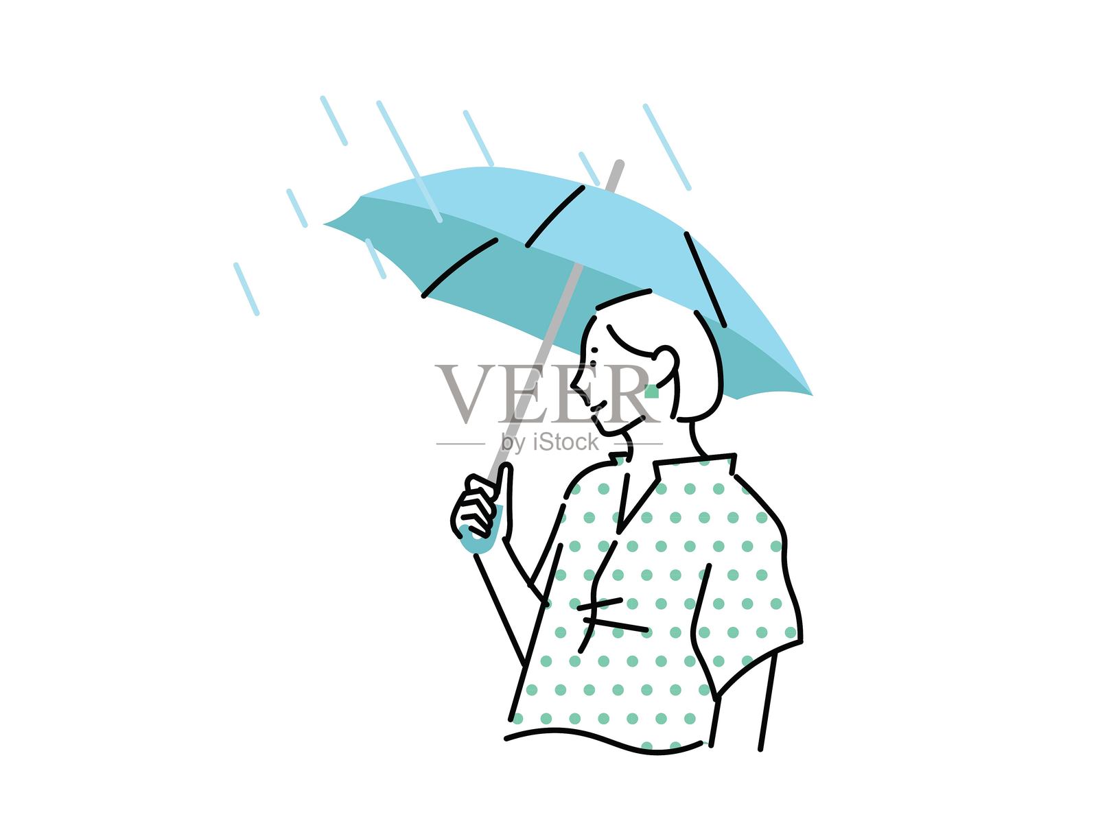 雨季中，一位女性手持雨伞在雨中行走的矢量插图。插画图片素材