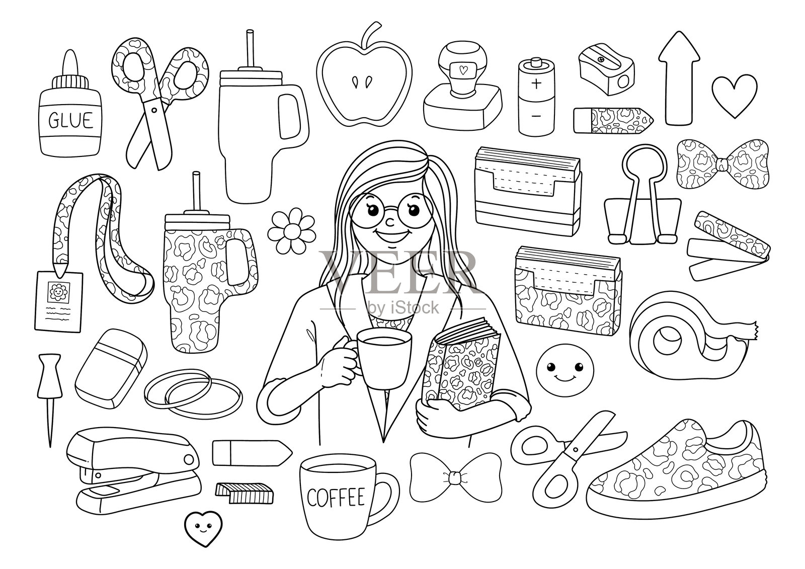 女孩教师，返校元素涂鸦卡通风格手绘轮廓着色页矢量图插画图片素材