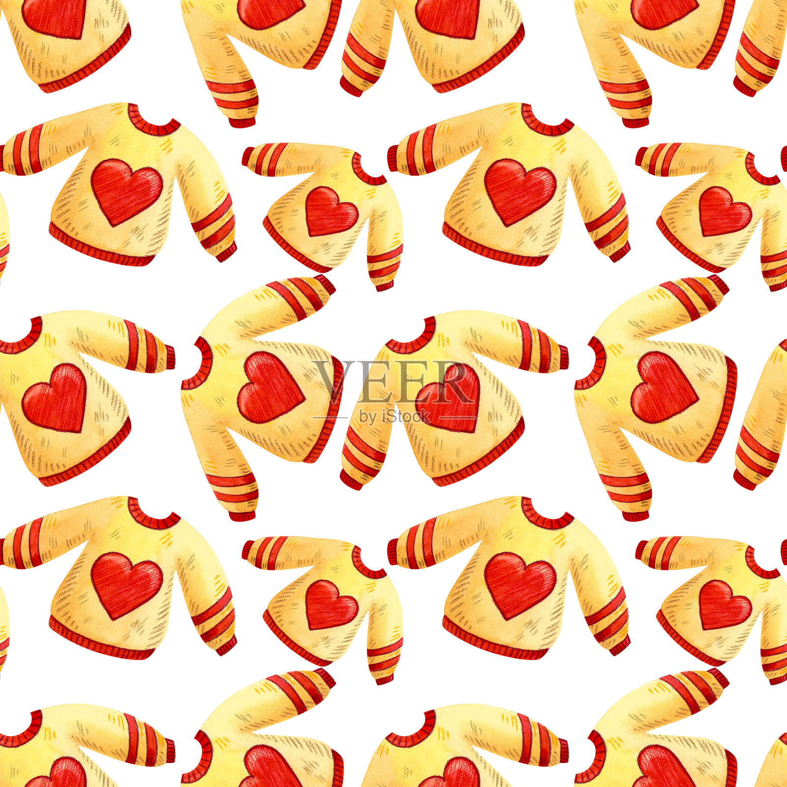 秋季服装插图的无缝图案。水彩手绘的毛衣、袜子、围巾和配饰在白色背景上。可用于海报、印刷品、卡片、纺织品和市场。插画图片素材