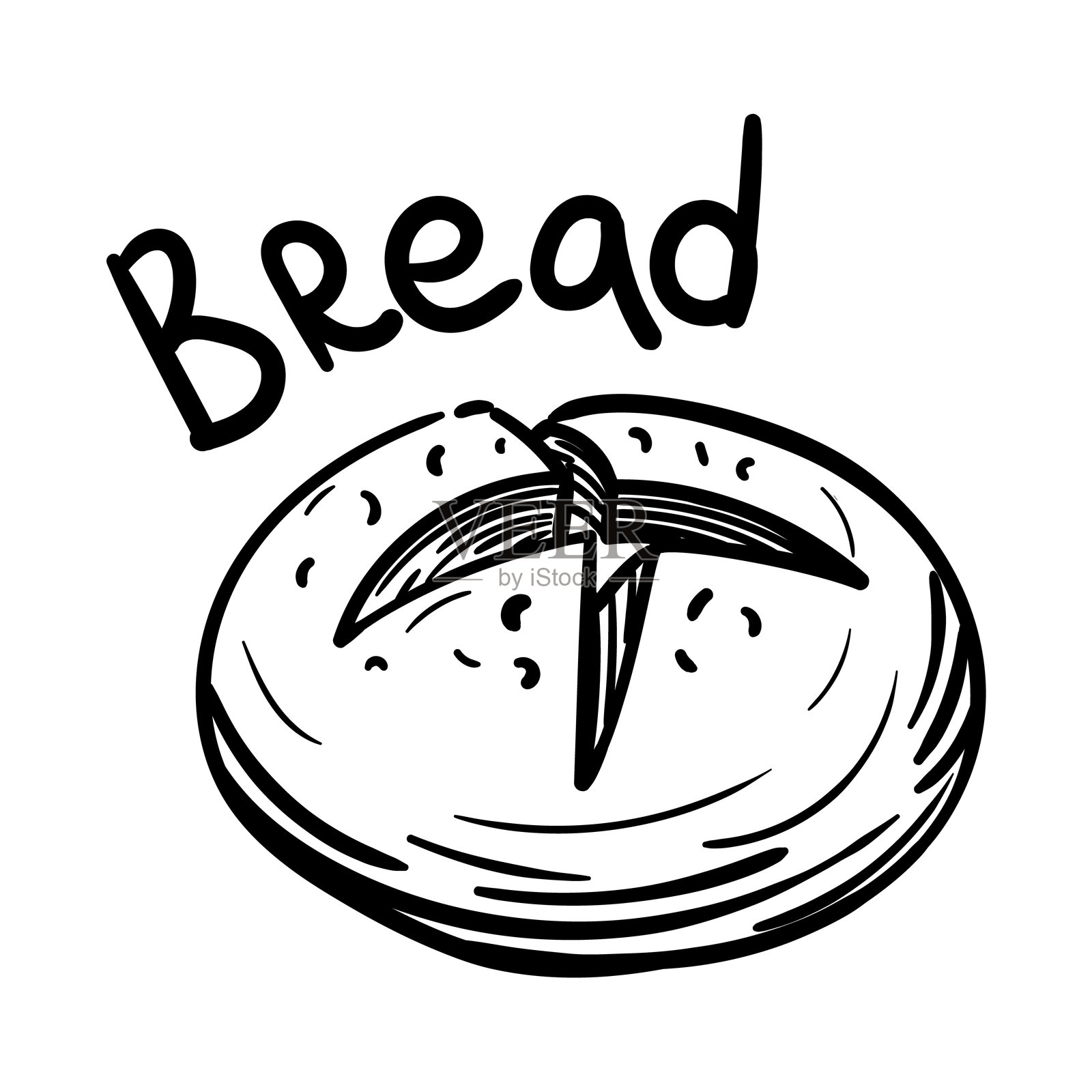 手绘涂鸦插图，描绘了一条黑色面包，外有黑色轮廓，甜美的名字是“面包”。图像采用不同的线条粗细，适合咖啡馆和面包店的烘焙主题插图。插画图片素材