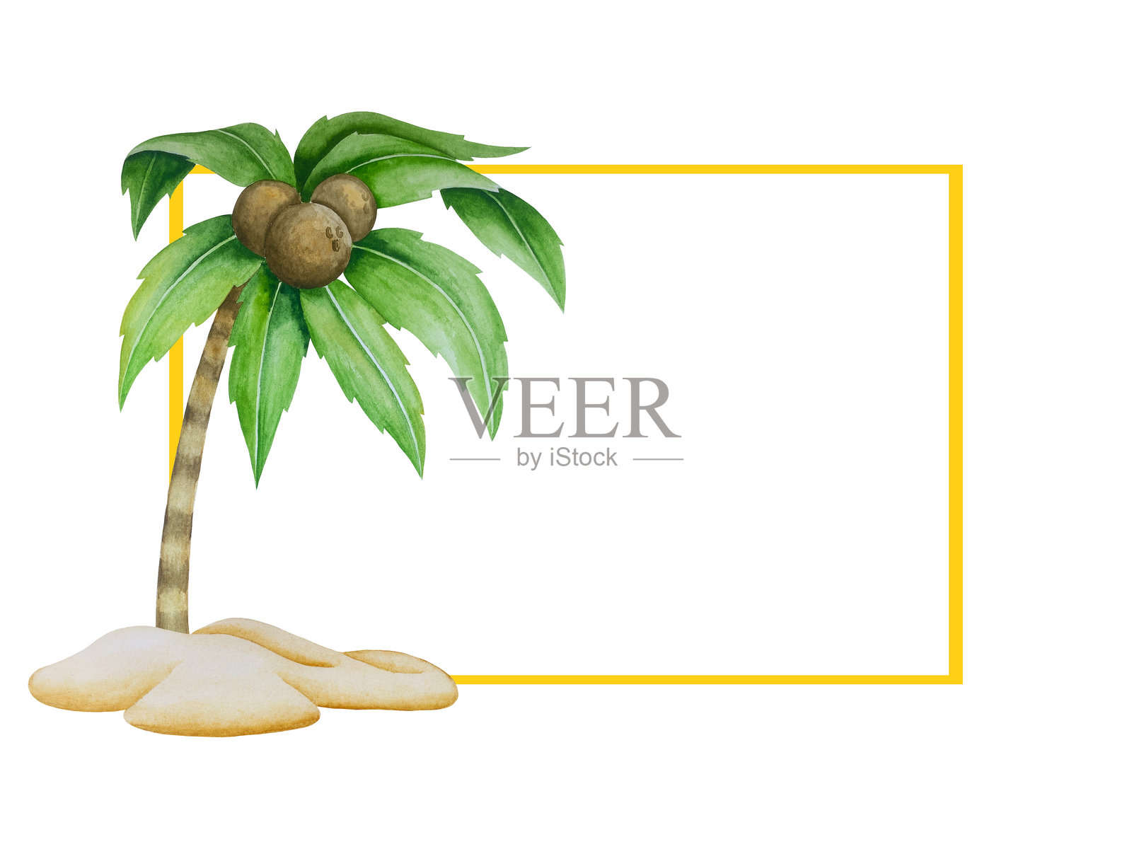 水彩手绘夏季海滩套件，包括海滨度假物品，如棕榈树、沙滩伞、鸡尾酒、贝壳、太阳镜、帽子和花朵。设计卡片、包装和网站的元素。插画图片素材