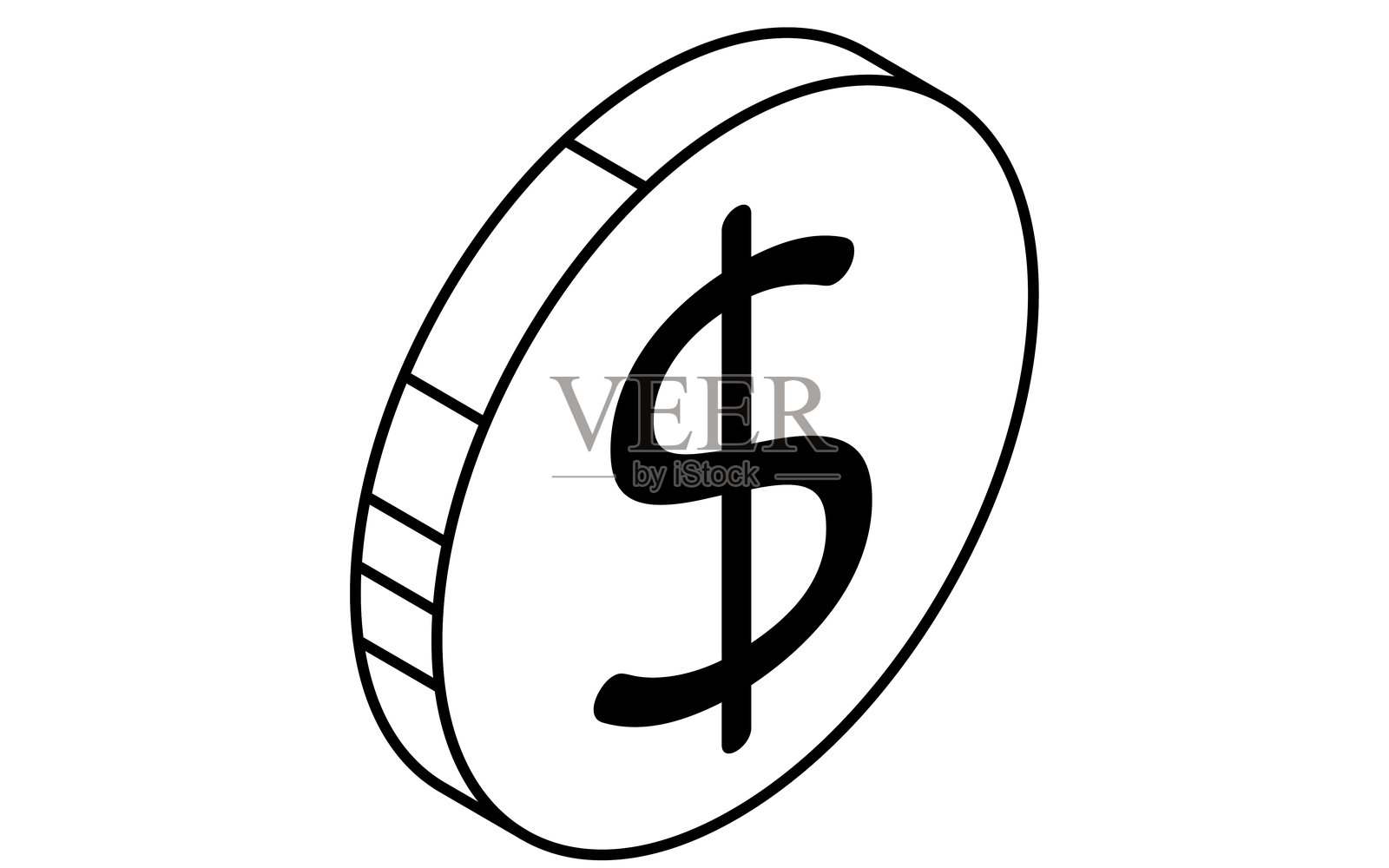带有美元符号的硬币简单线条绘图图标，货币和金融的等距插图，黑白色插画图片素材