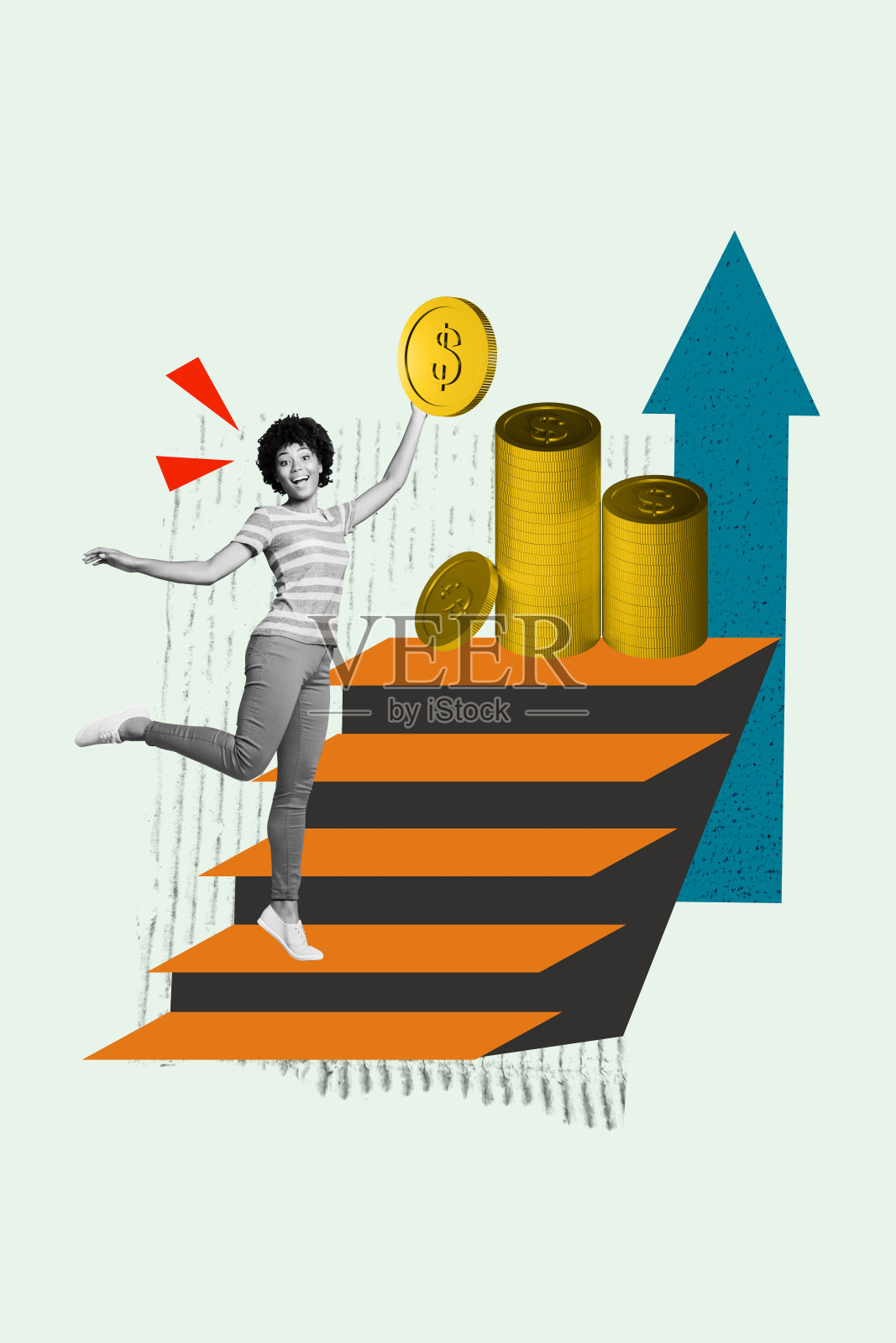 年轻女士微笑着手握硬币，梯子象征职业晋升、收入、财务预算和金钱的趋势艺术复合3D拼贴设计照片摄影图片