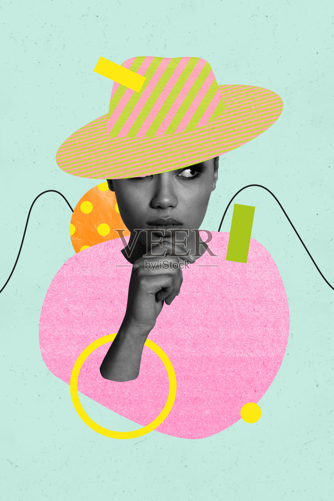 快乐女孩的艺术拼贴画，穿着条纹帽，手托下巴，沉思的肖像，身体缺失的球体照片摄影图片