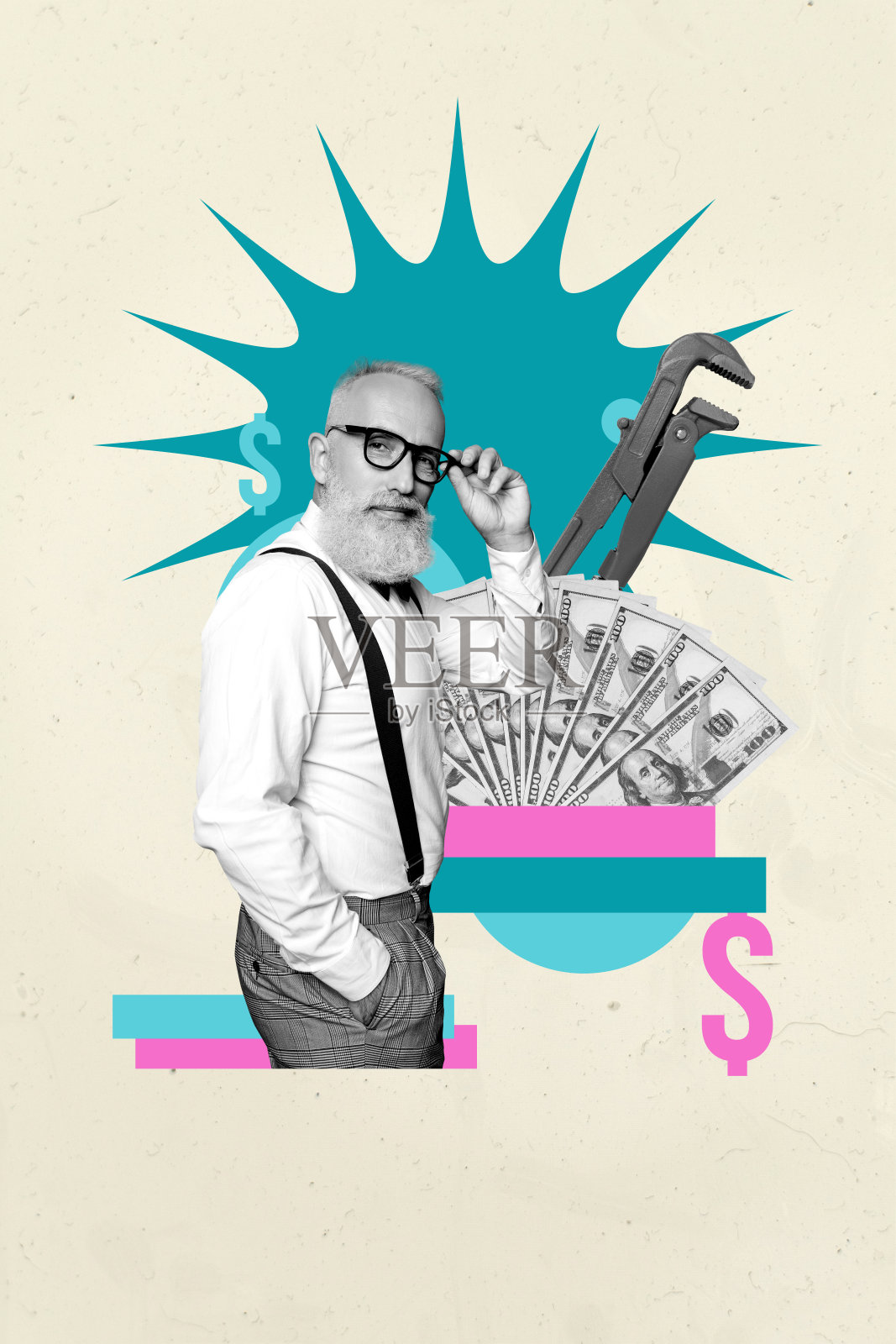 快乐的商人和商女人士收到美元资本的3D拼贴画，手持可调扳手和钞票，预算管理。照片摄影图片