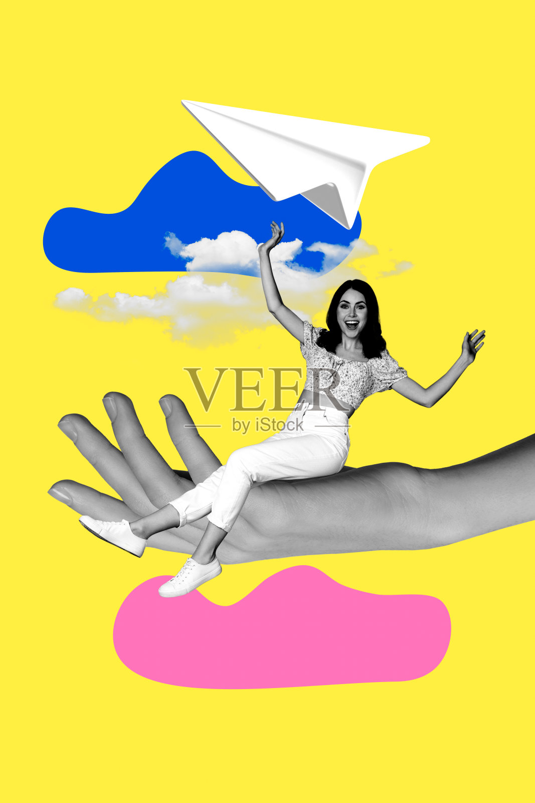 梦幻飞行自由的复合素描设计艺术作品，3D照片拼贴，年轻女性微笑着坐着，手握着，享受周末夏季旅行。照片摄影图片