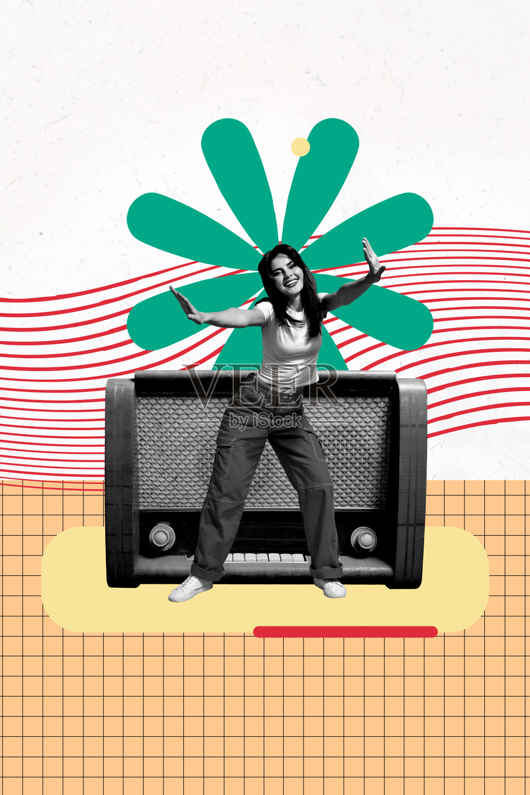 年轻女士在复古风格的舞蹈派对中，享受无线电娱乐的3D艺术拼贴设计，轻松自在的夜晚，留白空间。照片摄影图片