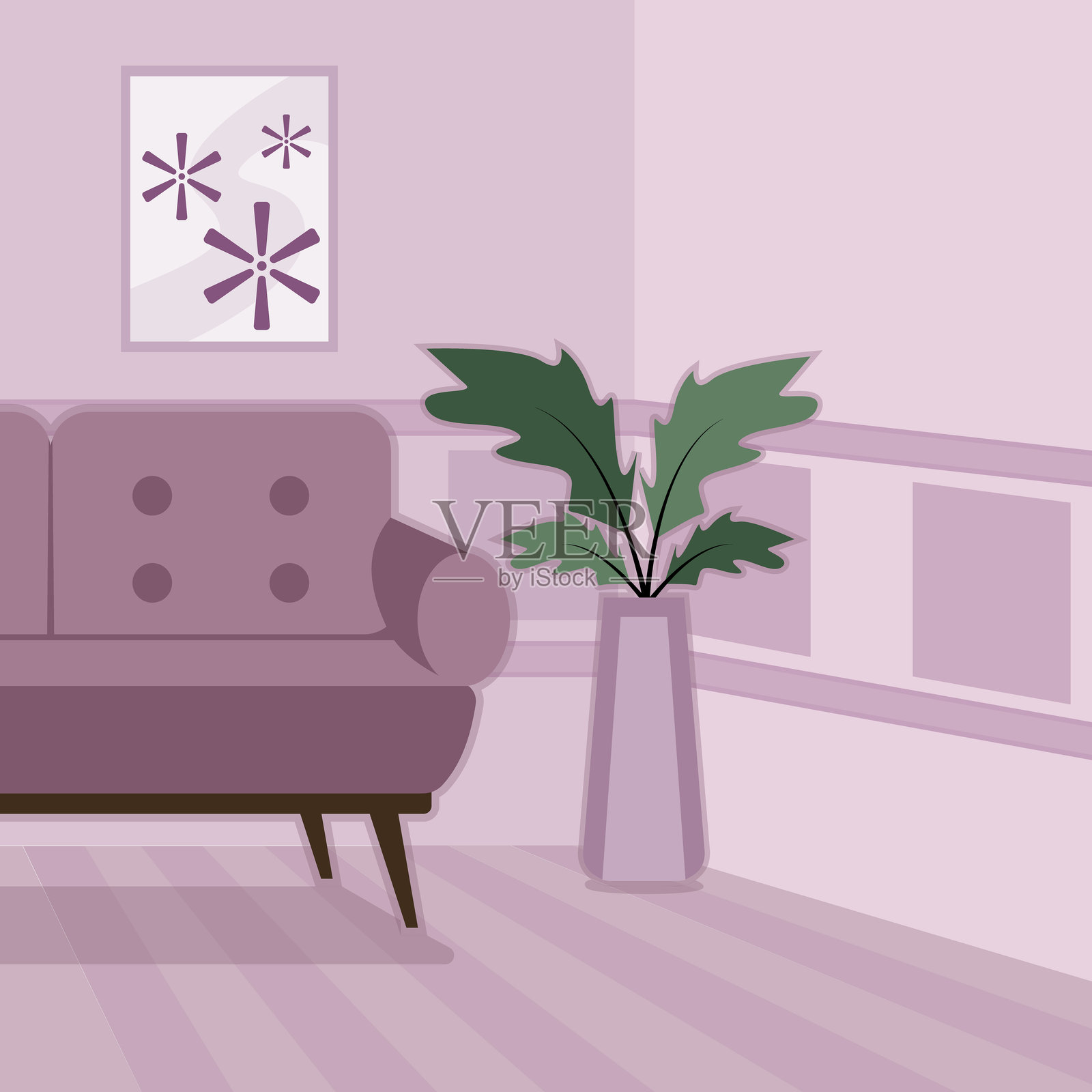 客厅矢量插图模板图形设计。简单的2D卡通室内家具，包含沙发、画作和植物盆栽，适用于公寓概念的平面背景。插画图片素材