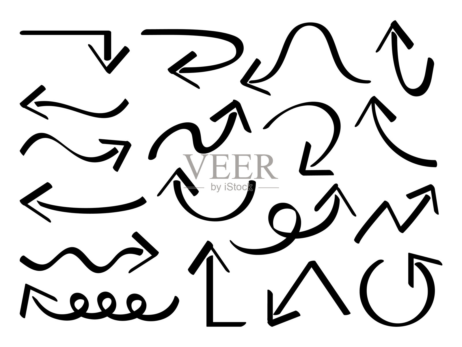 手绘马克笔箭头图标 - 可爱简单的黑白素描。插画图片素材