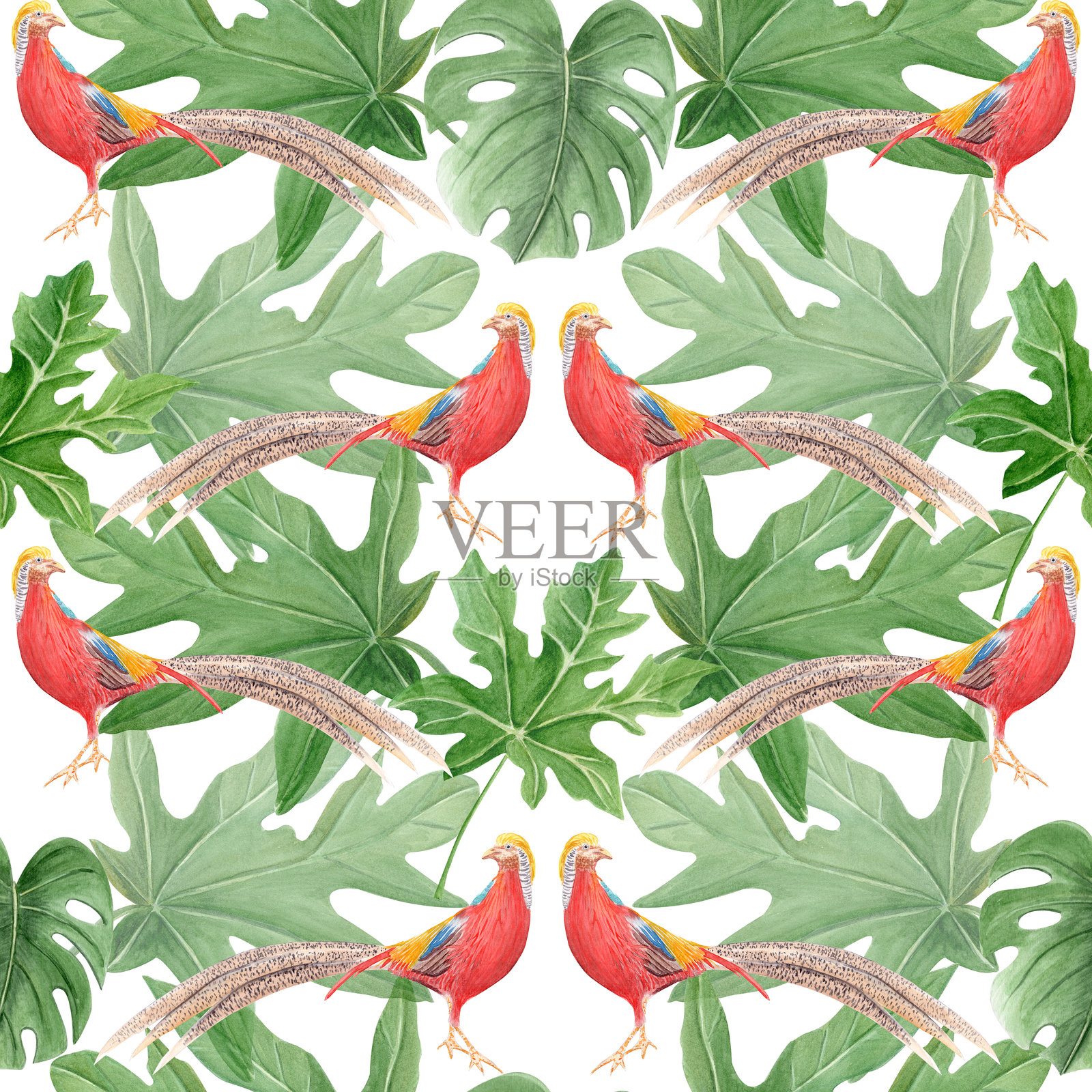 金色雉鸡与热带叶子的水彩无缝图案，背景为白色。插画图片素材