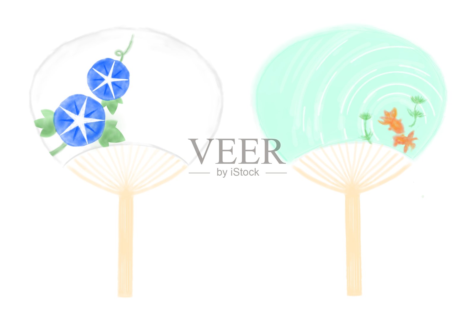 手绘的早晨荣耀与金鱼扇子插图，时尚、美丽且逼真。插画图片素材