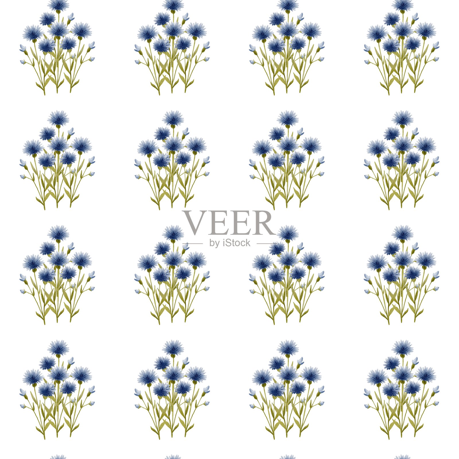 无缝水彩花卉图案，包含雏菊、矢车菊、勿忘我、康乃馨和铃兰，背景为柔和的白色。插画图片素材