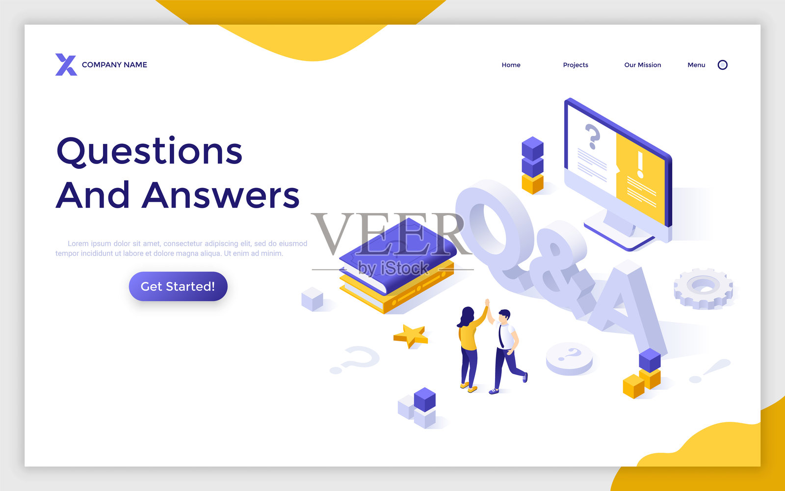 人们互相击掌、电脑、问答字母的着陆页模板。问题与答案的概念，成功解决问题。网站用的等距矢量插图。插画图片素材