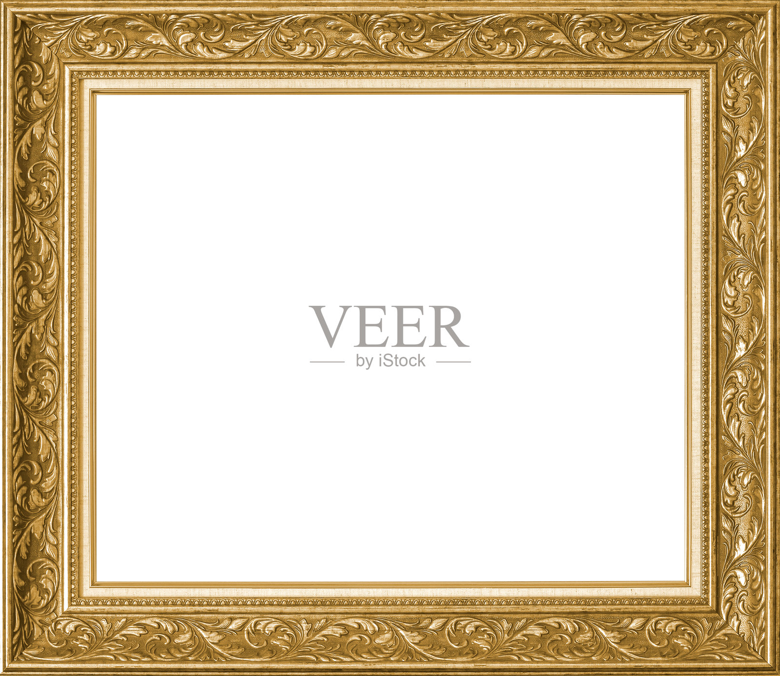 金色相框，孤立在白色背景上（剪切路径），适用于照片、艺术画作博物馆或画廊墙壁悬挂，具有复古老式经典奢华华丽的金色涂漆装饰木边框。照片摄影图片
