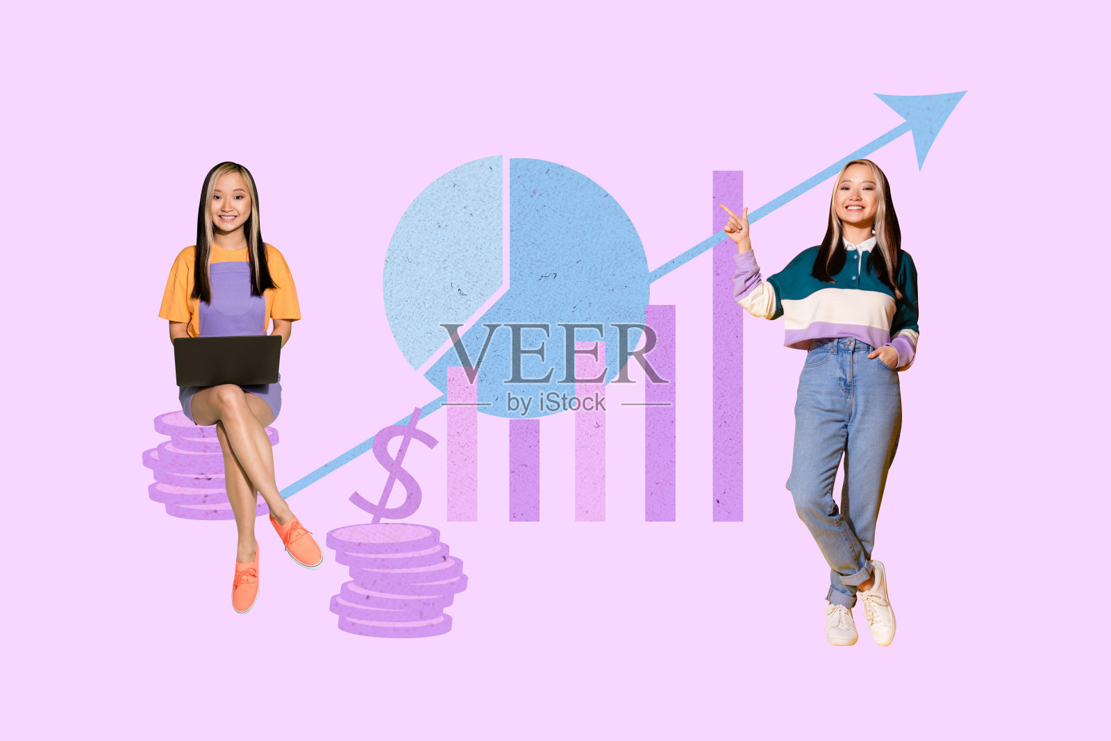 数据经济股票分析的复合3D照片拼贴趋势草图，两位年轻女性团队合作，使用笔记本电脑，周围有硬币、美元和增长箭头。照片摄影图片