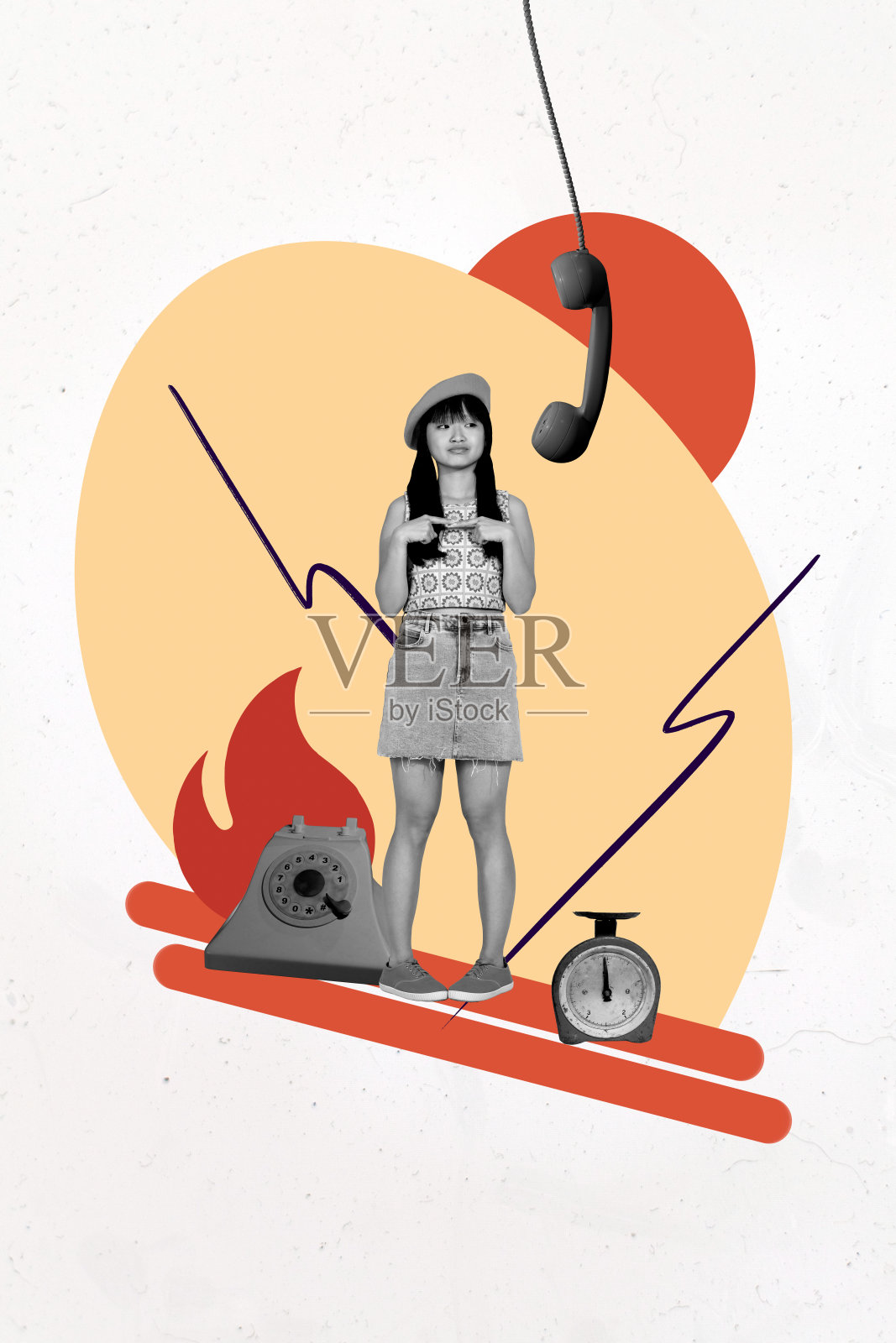 模板海报潮流艺术作品，年轻女士困惑地站着，手指交叉，拨打座机电话，电话线和工具的组合。照片摄影图片