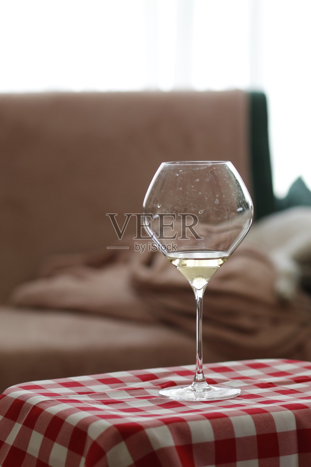 格子桌布上的一杯白葡萄酒照片摄影图片
