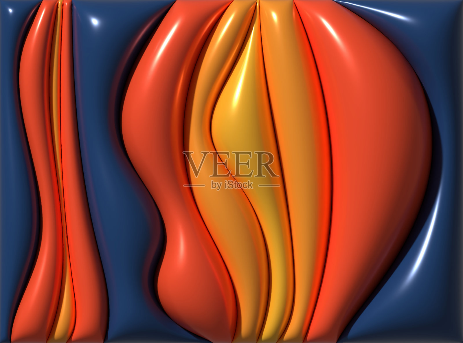 抽象的浮雕图案，呈现出蓝色、橙色和黄色阴影的立体曲线形状，类似火焰的舌头，3D渲染插图照片摄影图片