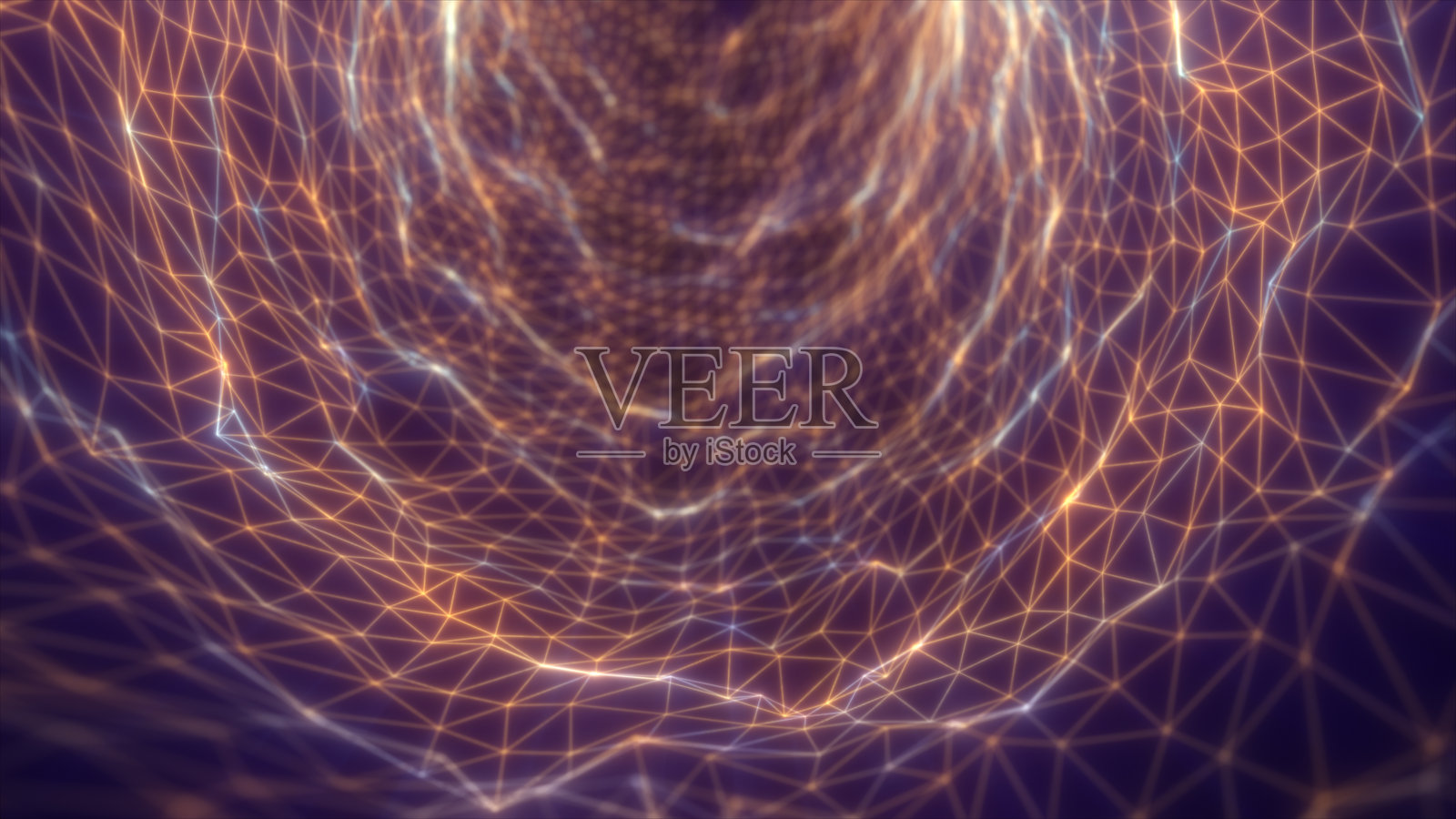 温暖金色调的抽象发光隧道，由三角形线框构成，形成复杂的数字漩涡照片摄影图片