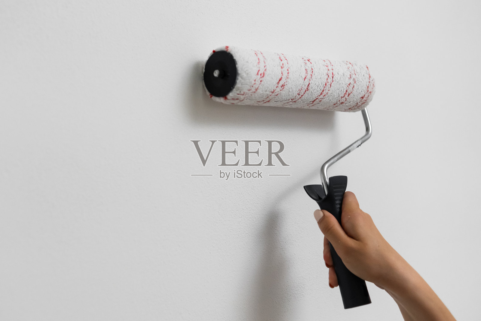 女性手握着滚筒刷，正在给白色墙壁涂漆，家居装修特写。照片摄影图片