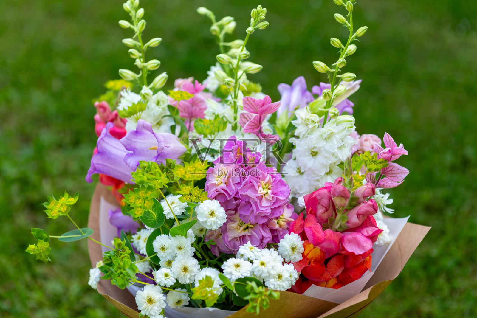 混合春季花卉的包裹花束。美丽的柔和色调新鲜花卉组合。照片摄影图片