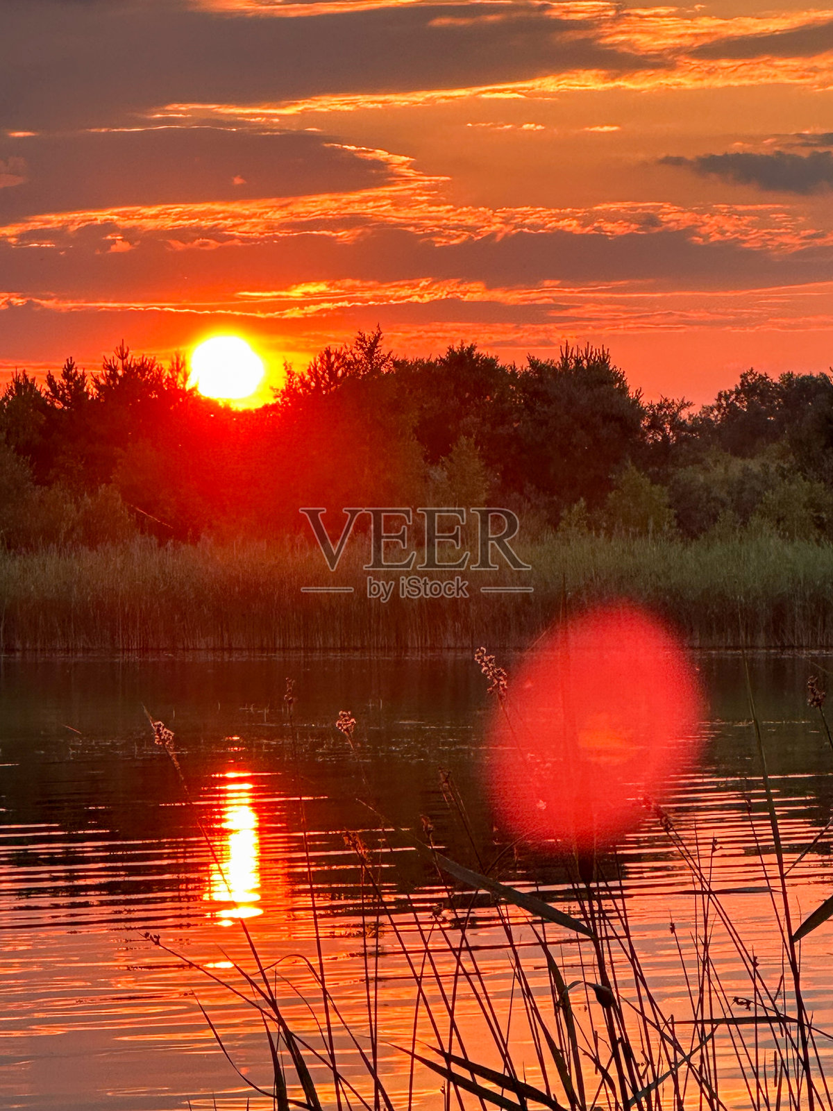 宁静湖面上的夕阳倒影照片摄影图片