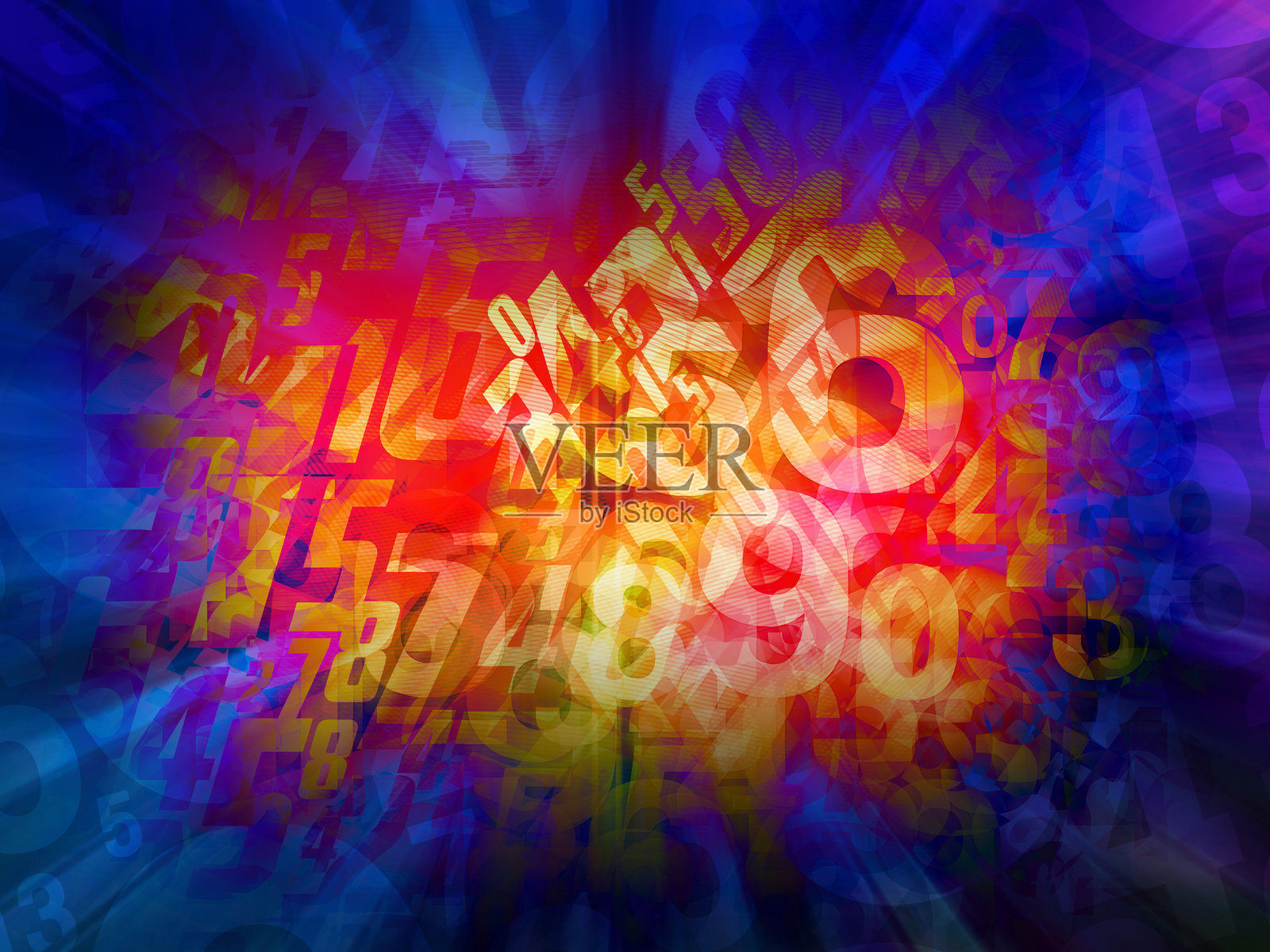 抽象的彩色渐变蓝色、粉色和紫色背景，叠加在模糊的众多碎片化和扭曲的数字与字母字符背景上照片摄影图片