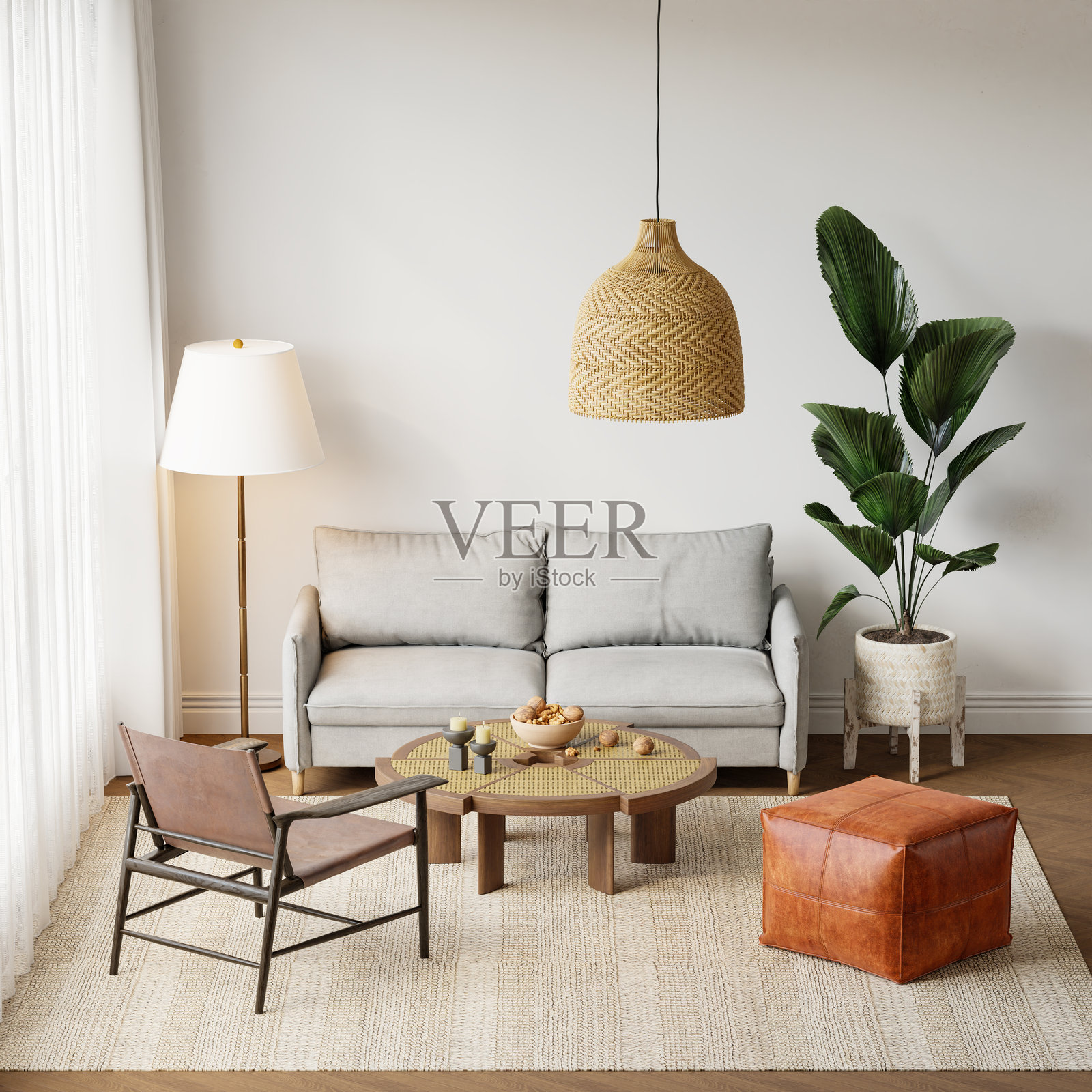 日式北欧风格的客厅，配有舒适的沙发和扶手椅，浅色家具，质感地毯，室内植物和装饰桌 - 3D渲染图照片摄影图片