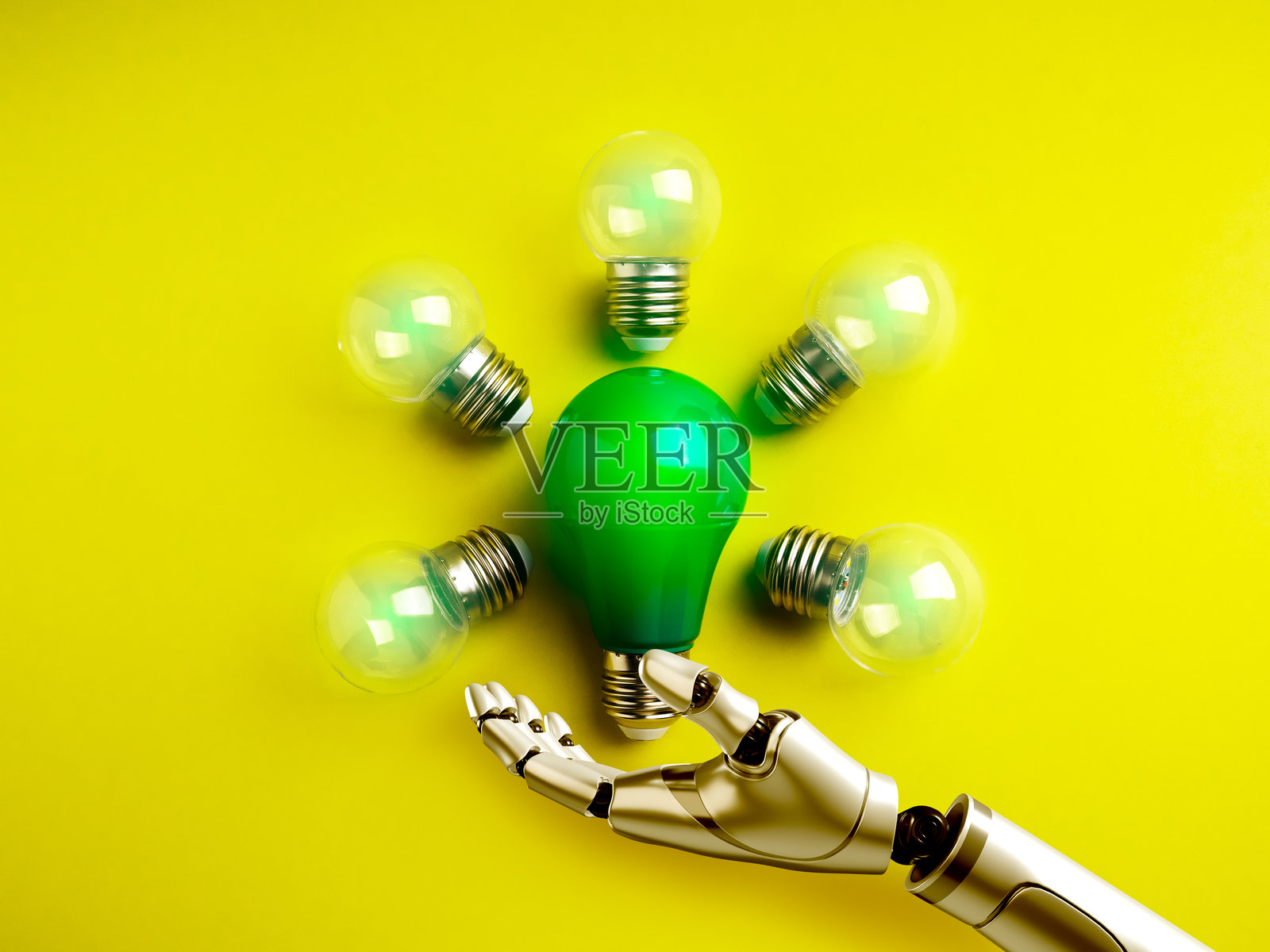 可持续发展与人工智能工具技术，可持续创新概念。AI机器人手握着一个发光的大绿色灯泡，周围有小灯泡，背景为黄色。照片摄影图片