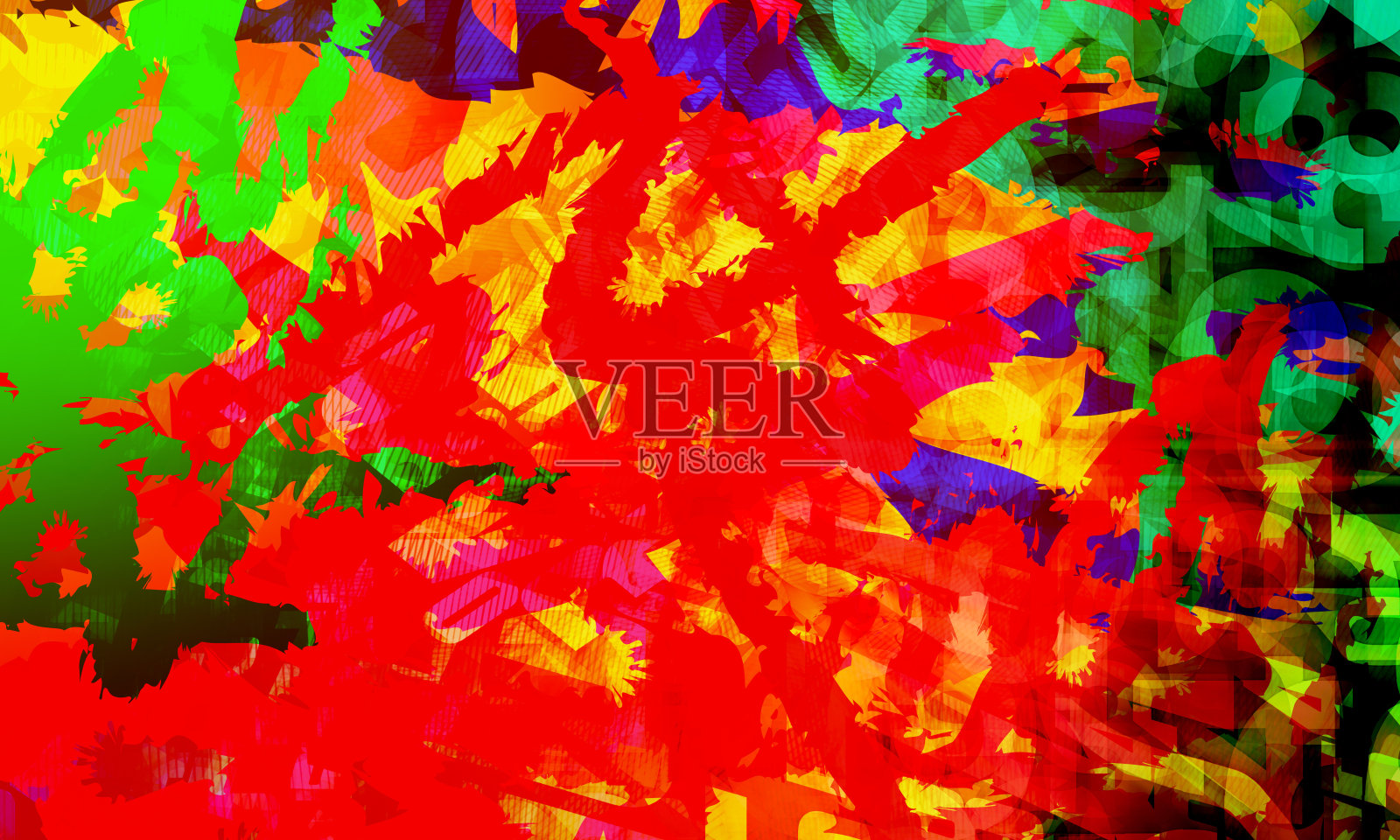 抽象的多彩生动混乱背景，明亮的重叠色彩和动态的锯齿形状的爆炸，充满攻击性，能量，碎片化，几乎破碎的构图，留白空间照片摄影图片