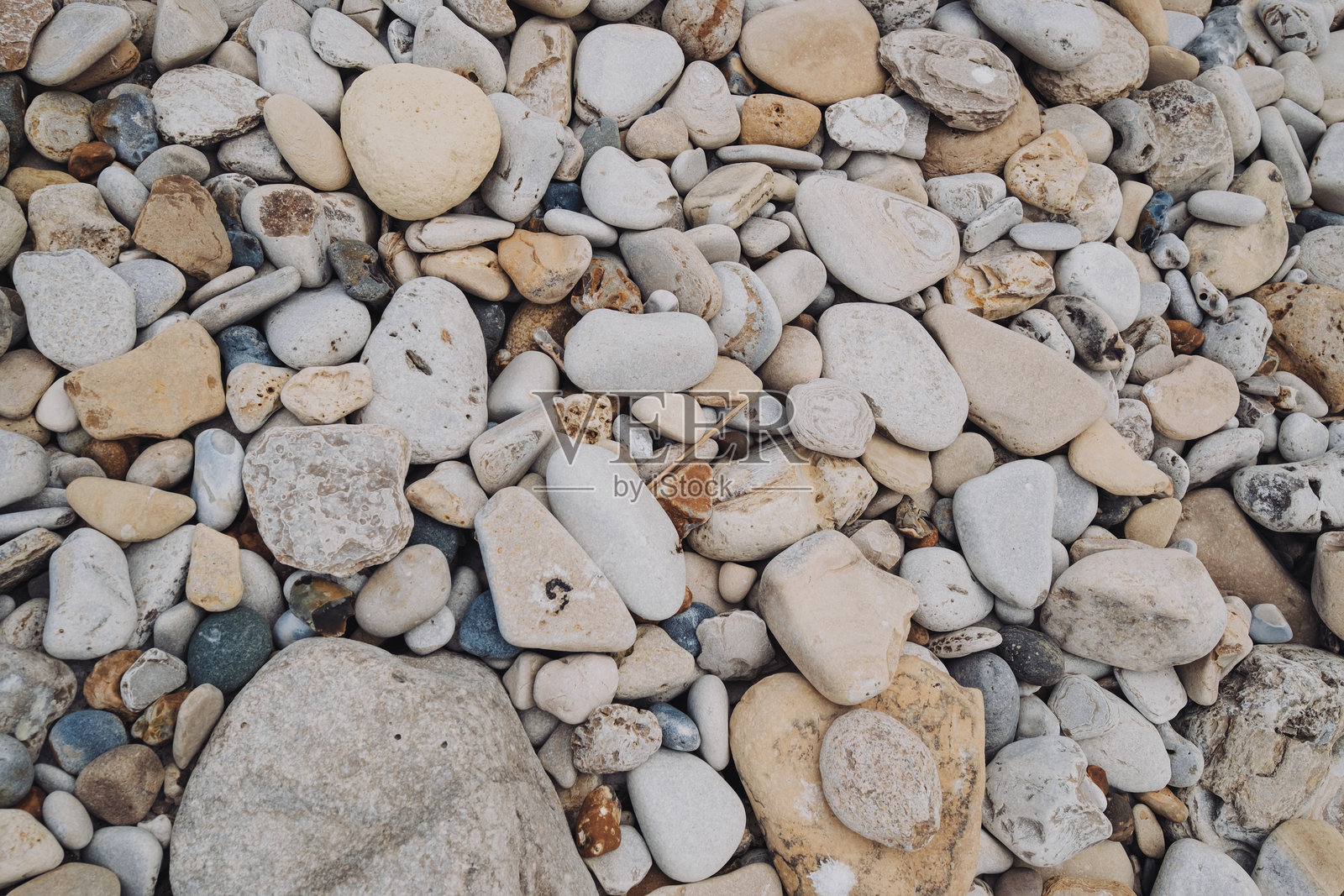 光滑和有纹理的卵石散落在海岸上，展示出各种颜色和形状，阳光明媚的海滩日子里。照片摄影图片