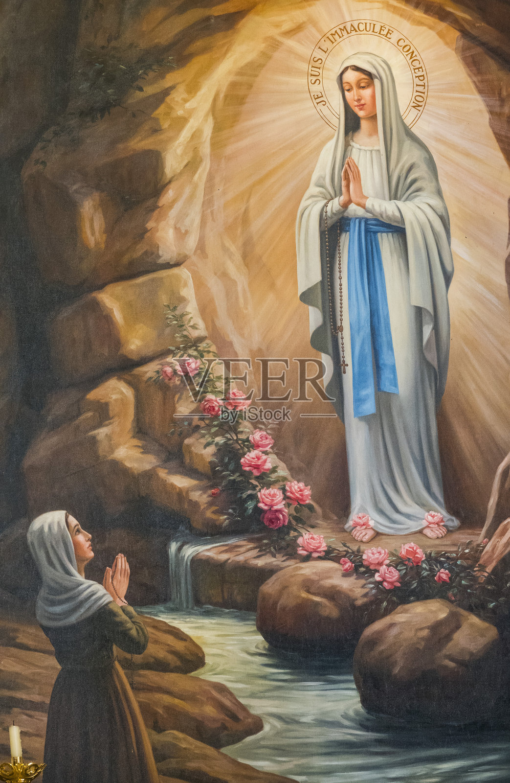 19世纪的画作：圣母玛利亚显现，露德圣母或露德圣母显现于贝尔纳黛特·苏比鲁斯。照片摄影图片
