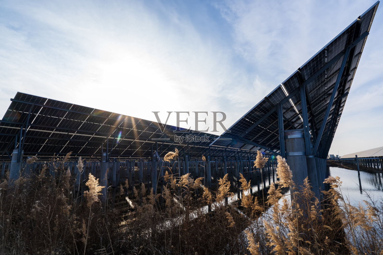 水面上的太阳能光伏板，太阳能光伏系统照片摄影图片