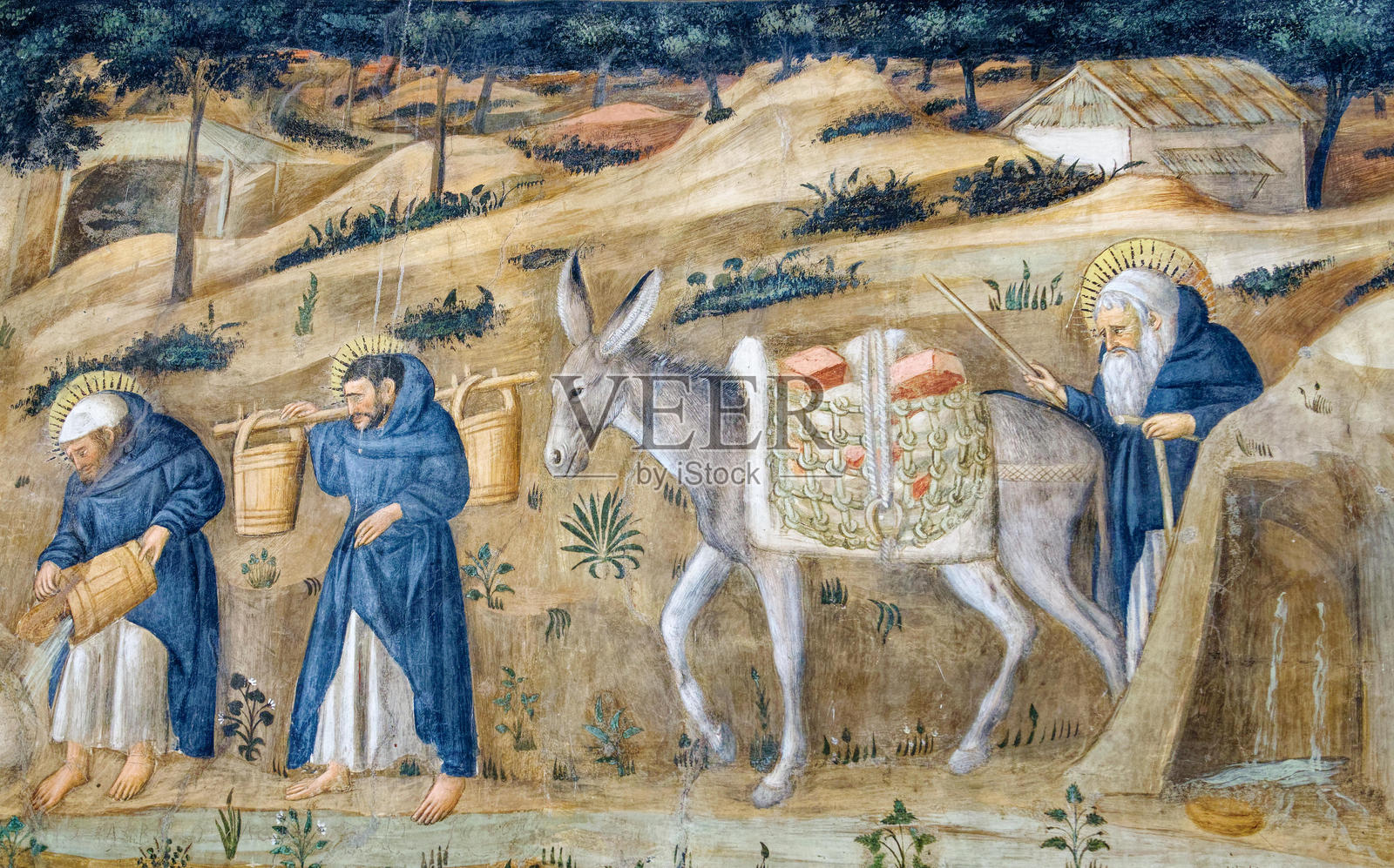 描绘僧侣日常生活的15世纪壁画。照片摄影图片